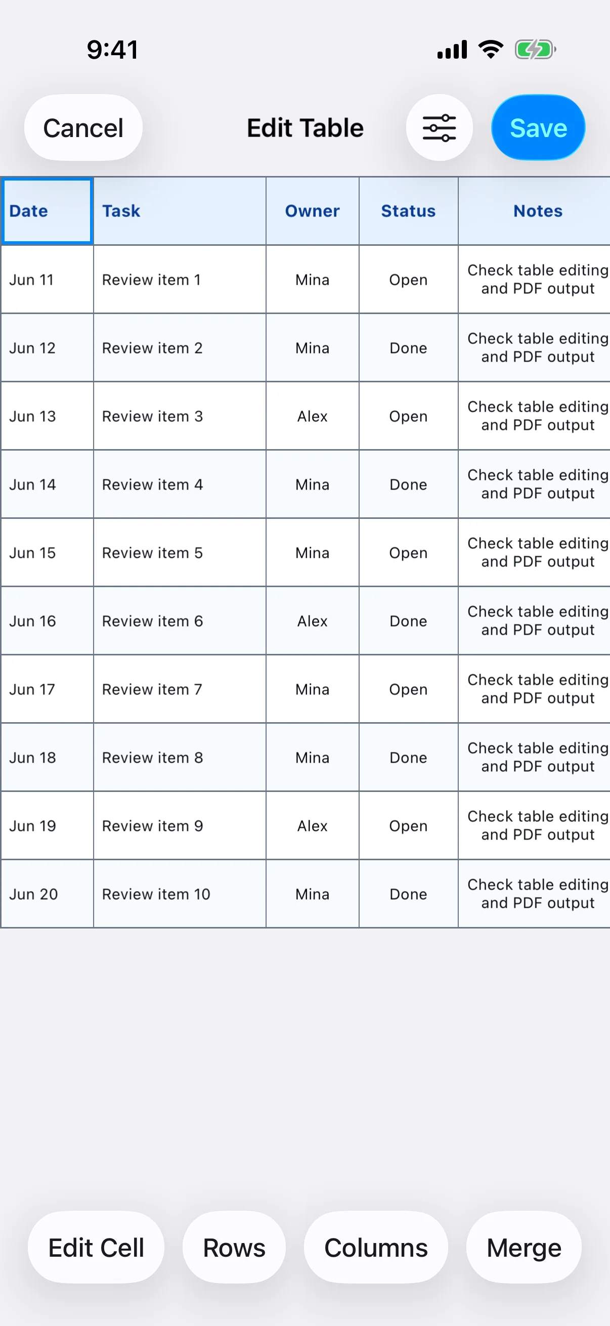 Real table editor for cells, rows, columns, merging, and formatting
