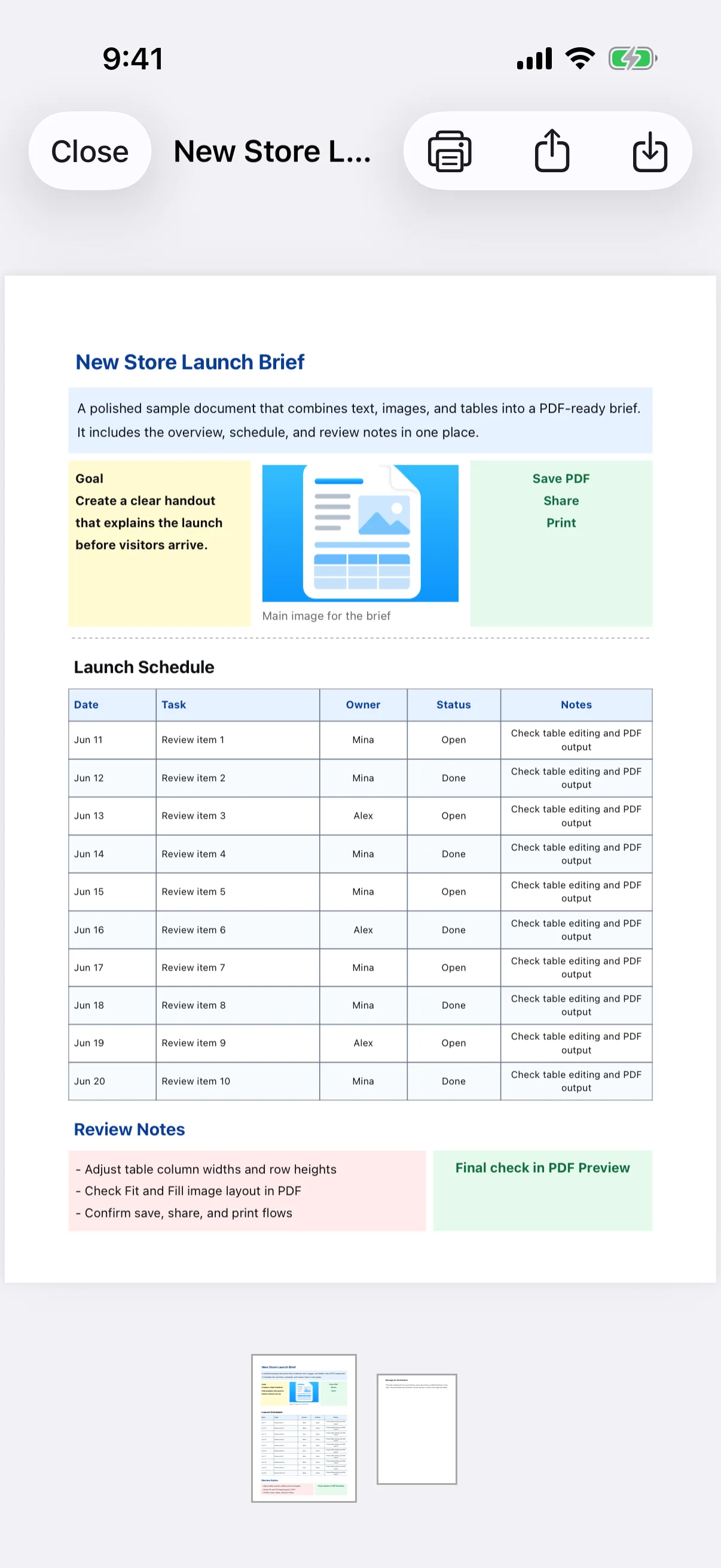PDF Preview showing the final text, image, table, and page layout