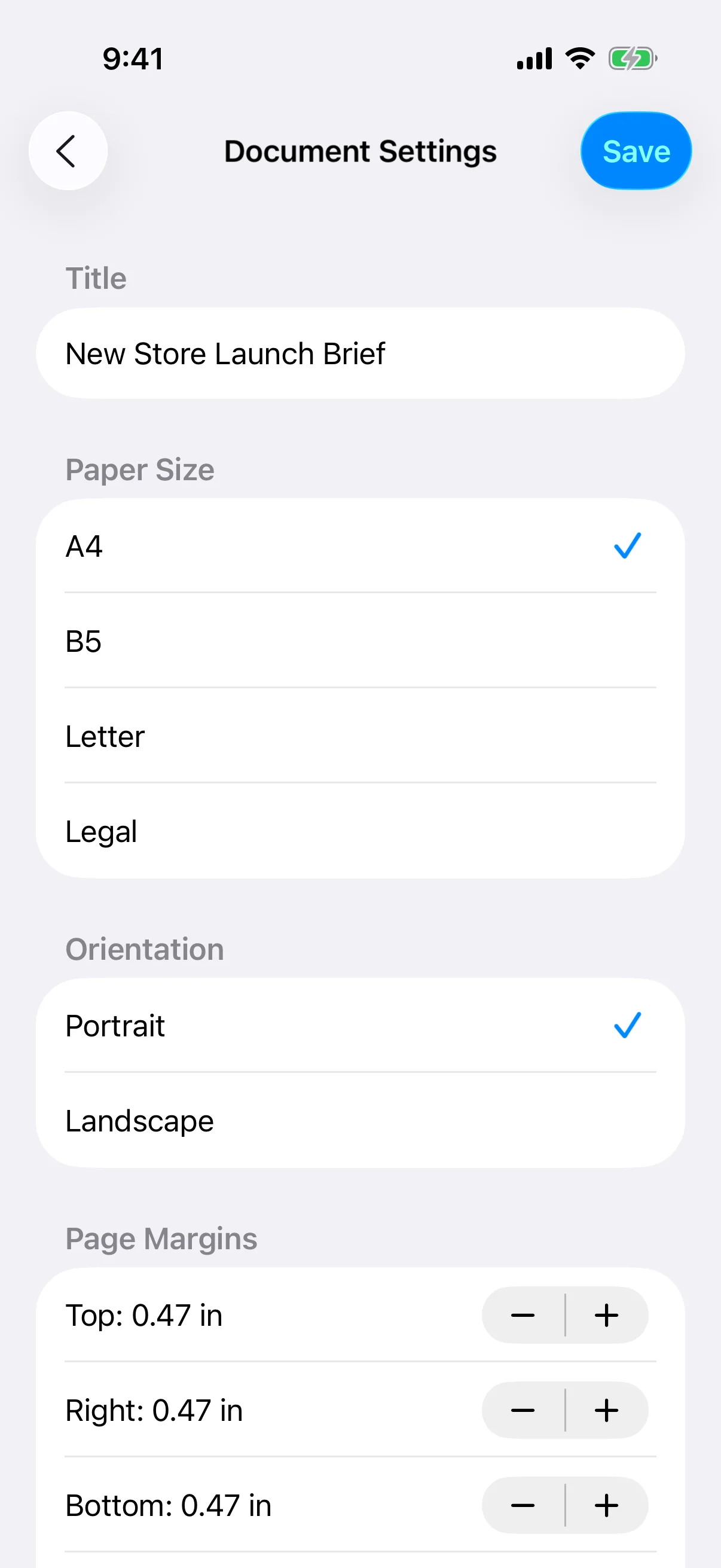 Document Settings for paper size, orientation, and page margins
