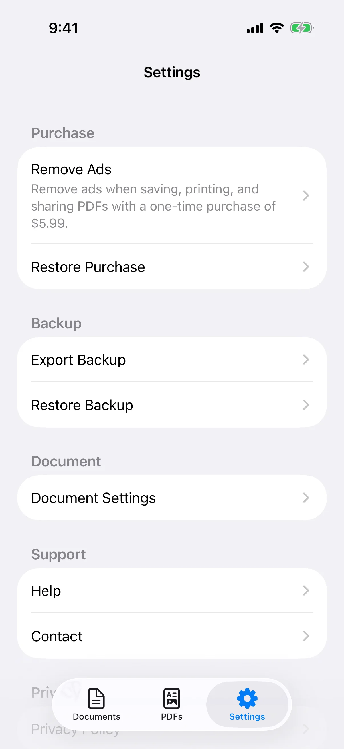 Settings for Remove Ads, backup, document defaults, and support