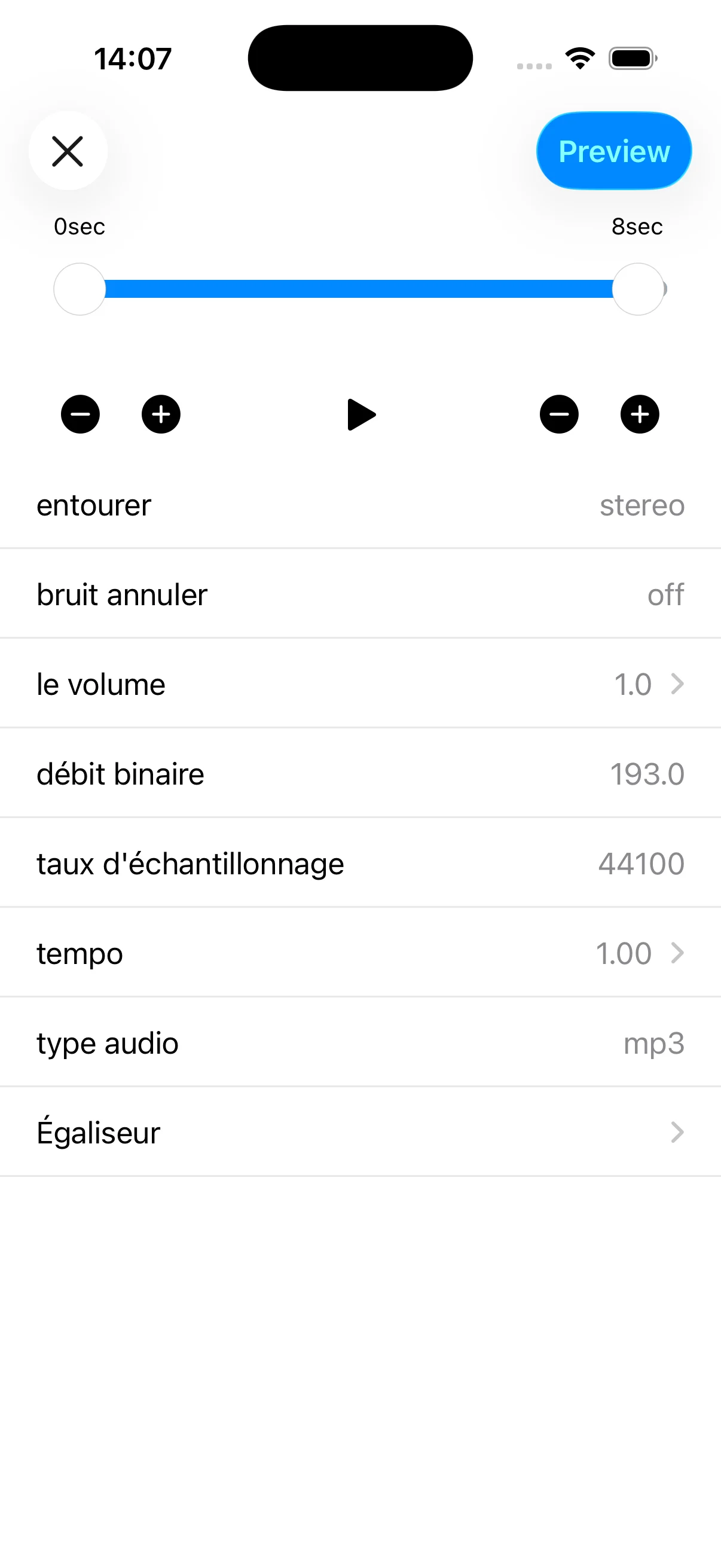 Écran de modification audio