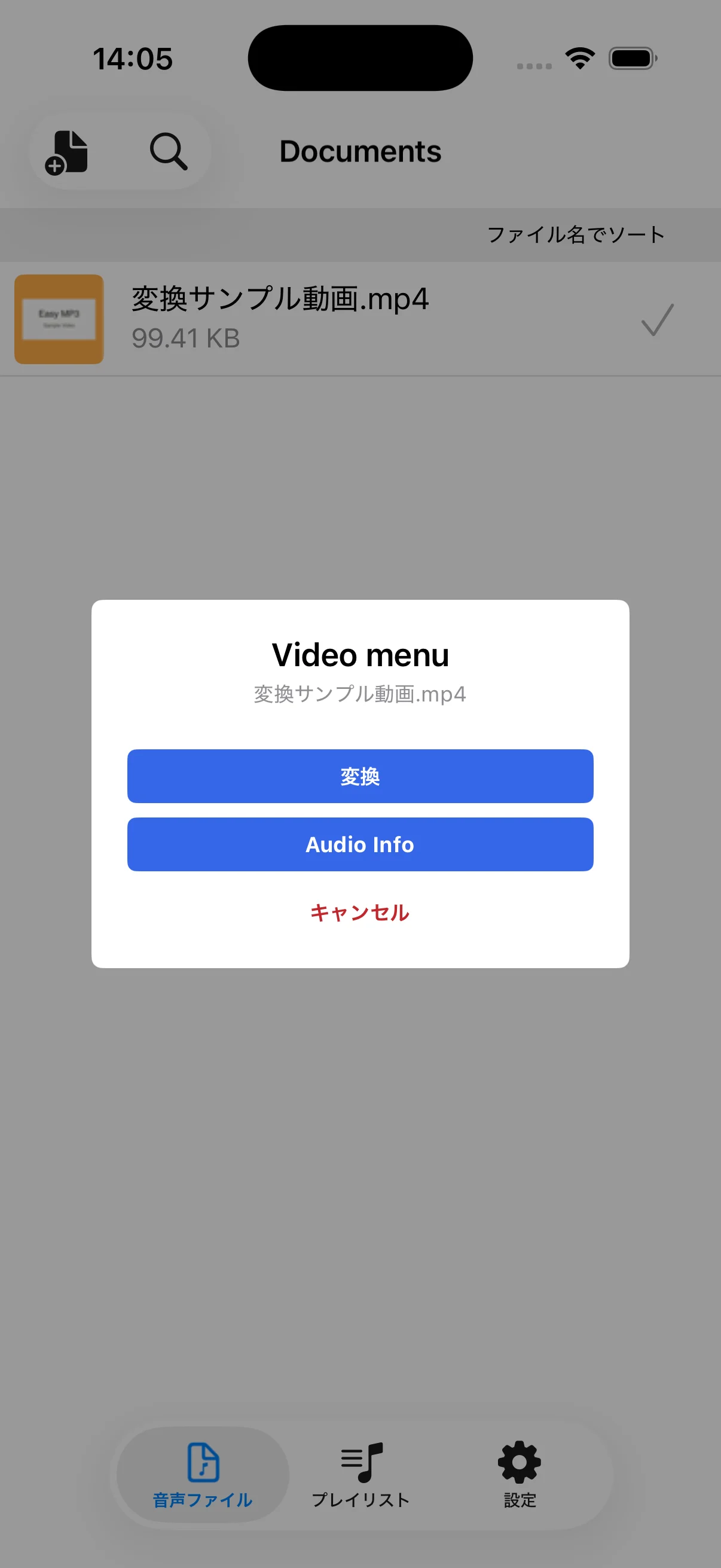 動画ファイルの操作メニュー