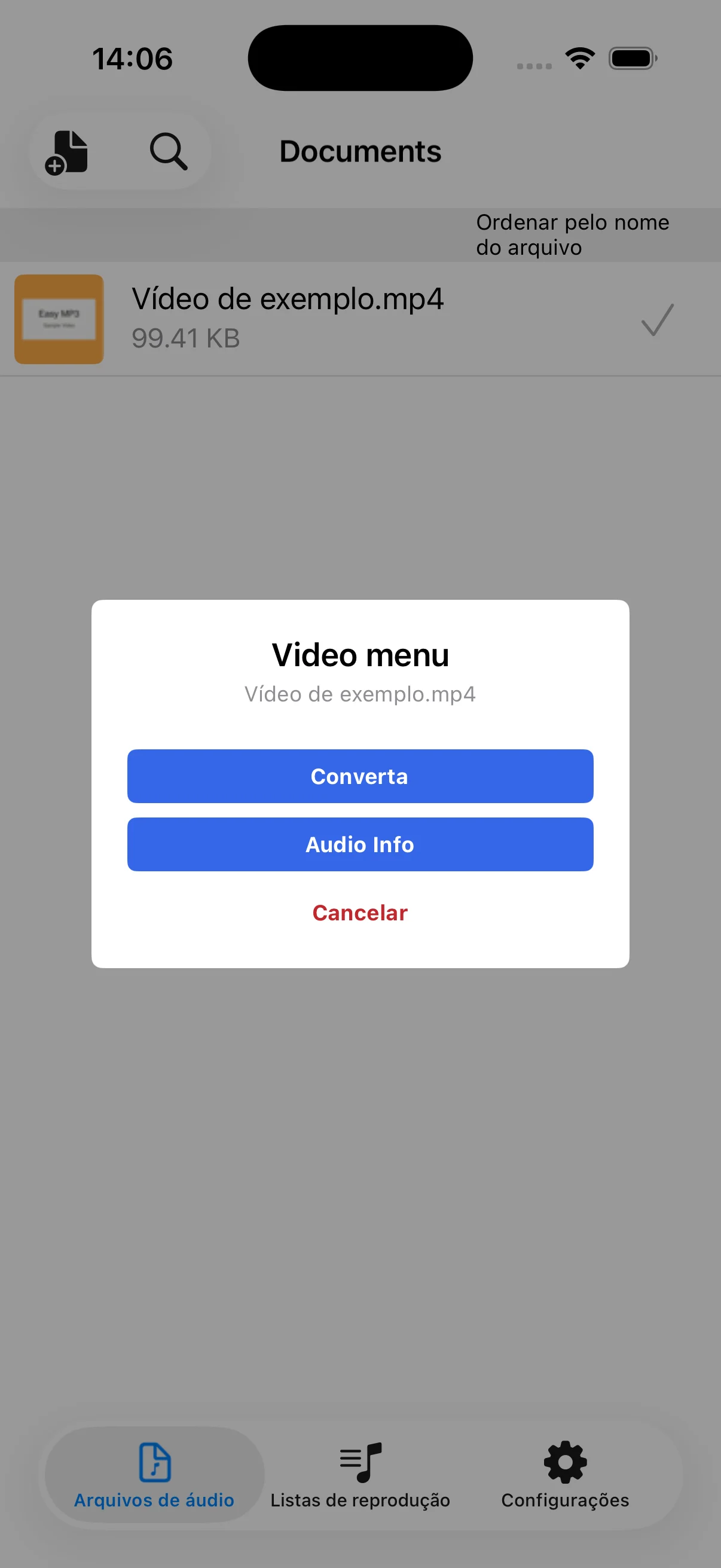Menu do arquivo de vídeo
