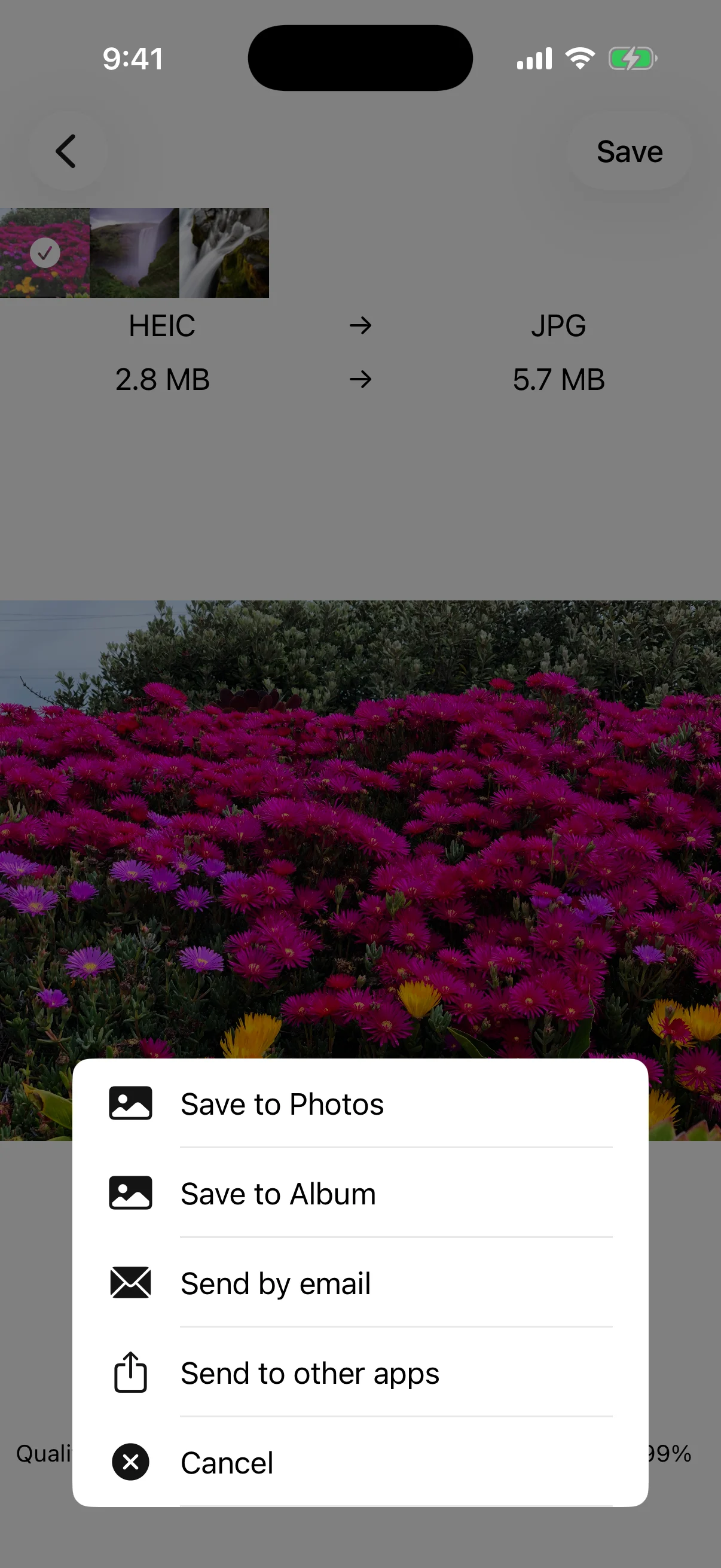 Choose Photos, an album, email, or another app