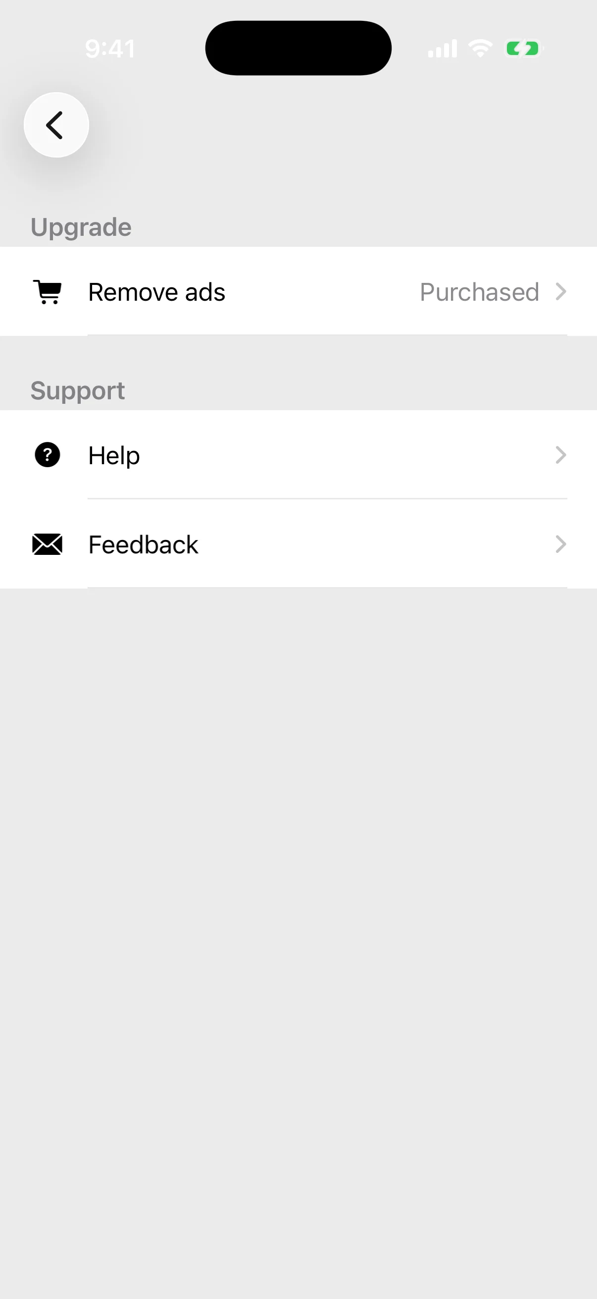 Settings showing the ad-removal purchase completed