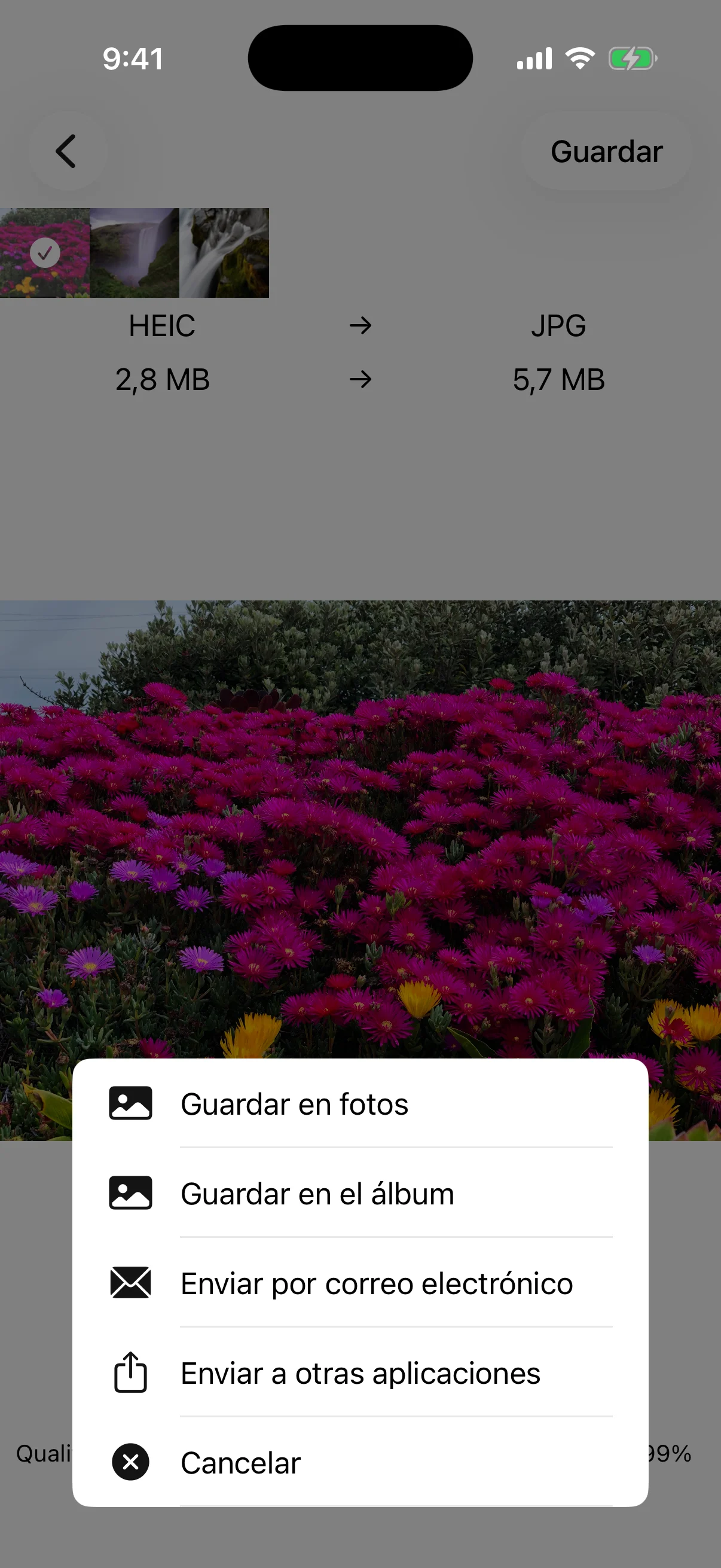 Elección de Fotos, álbum, correo u otra app