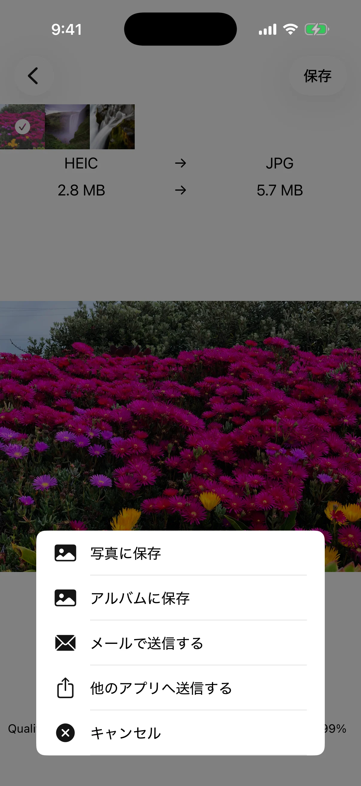写真・アルバム・メール・ほかのアプリから保存先を選ぶ画面