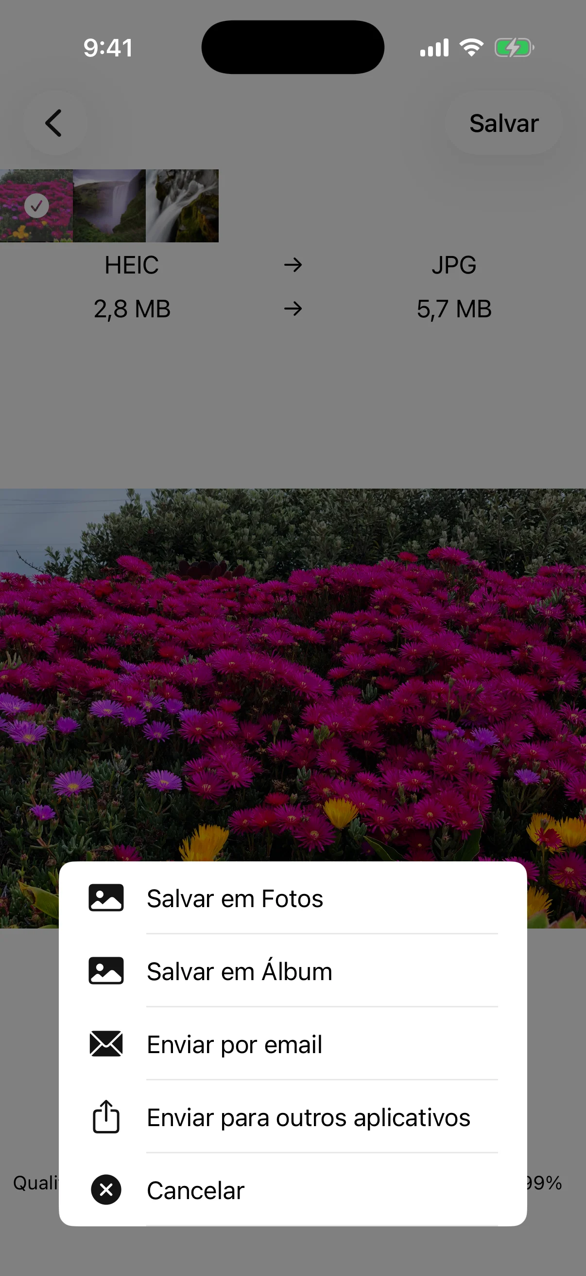 Escolha de Fotos, álbum, e-mail ou outro app