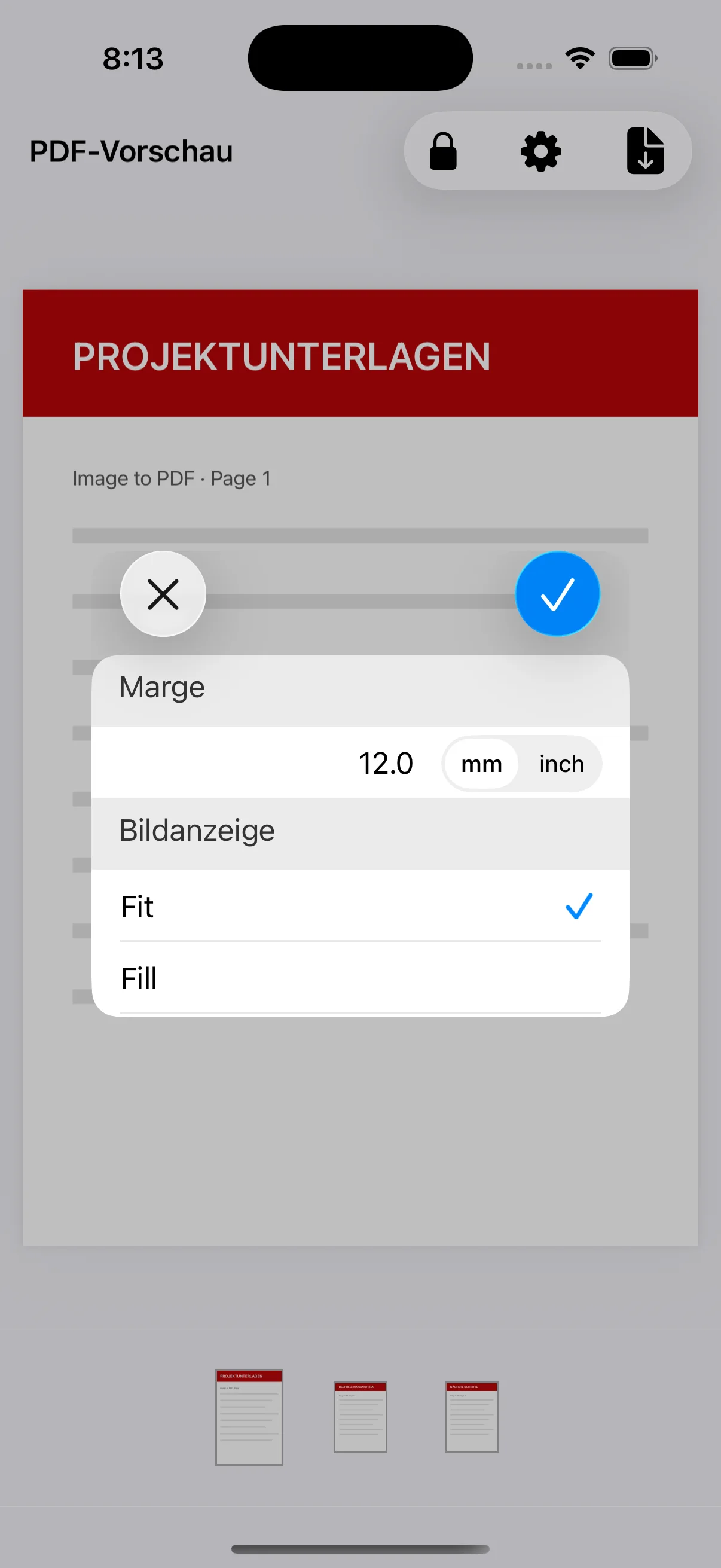 Premium-Einstellungen für Rand, Einheit und Fit/Fill