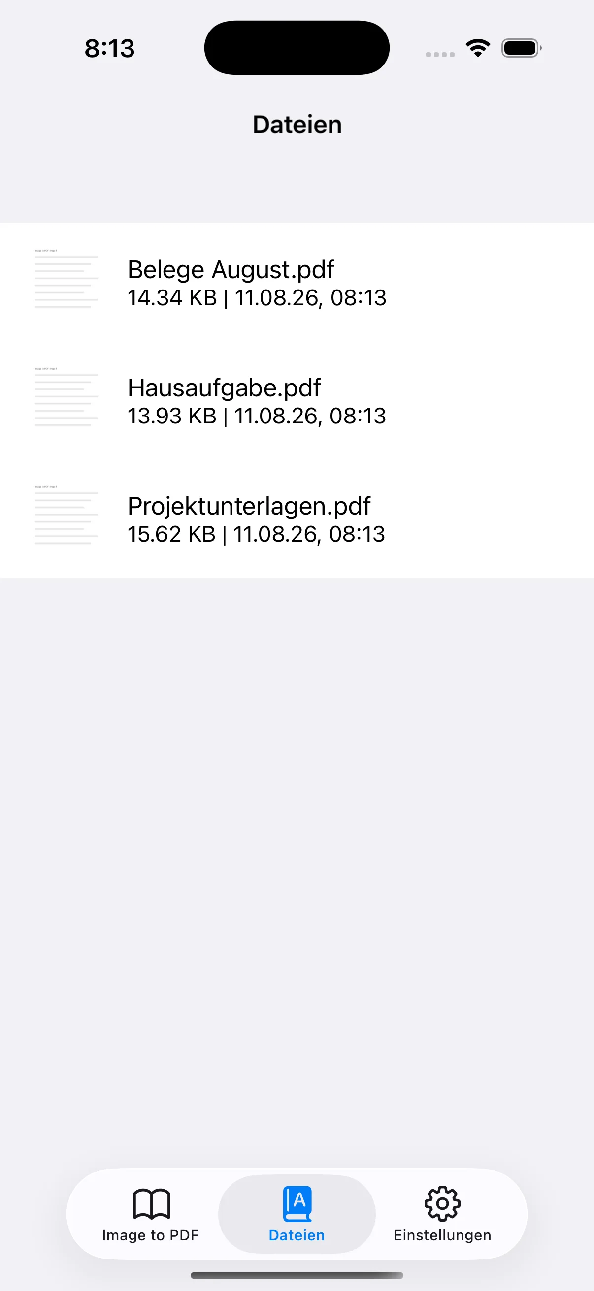 Gespeicherte PDFs mit Name, Größe und Datum