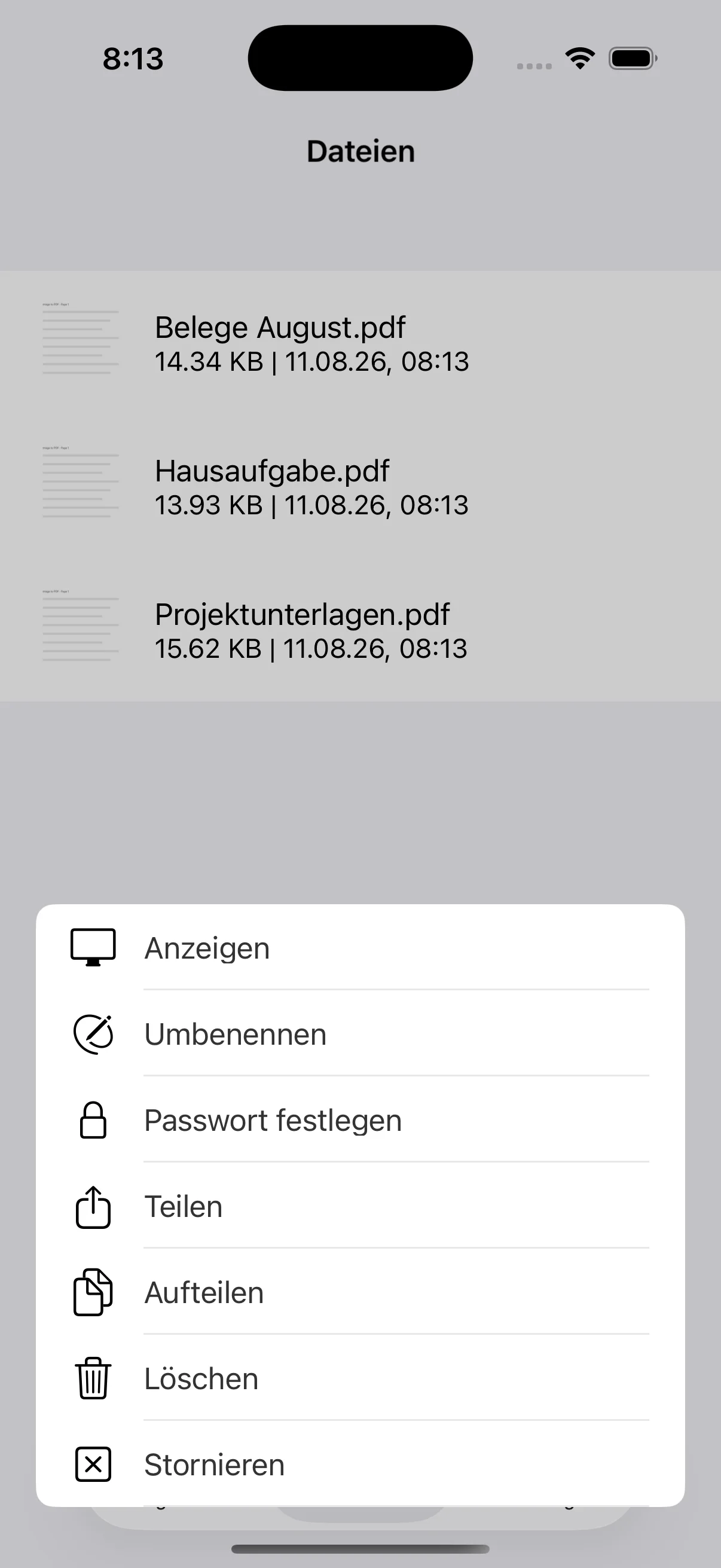 Menü zum Anzeigen, Umbenennen, Schützen, Teilen, Aufteilen oder Löschen