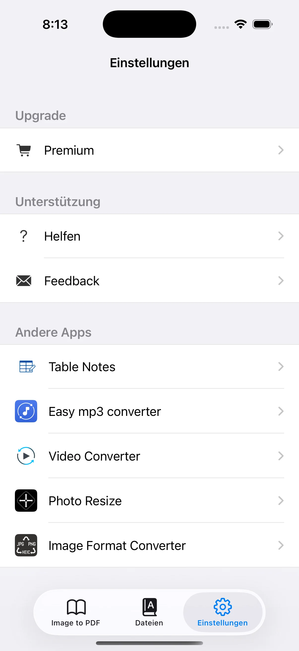 Einstellungen für Premium, Hilfe und Feedback