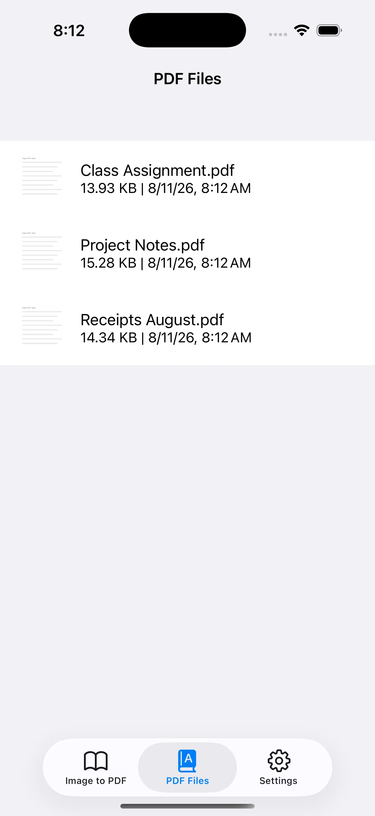 Saved PDFs with file names, sizes and dates
