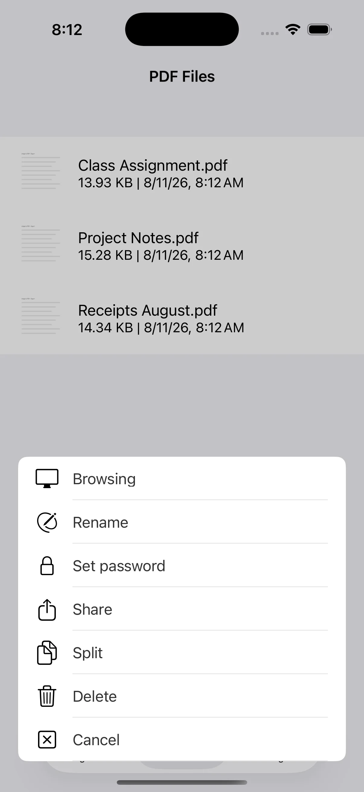 Actions to view, rename, password-protect, share, split or delete a PDF