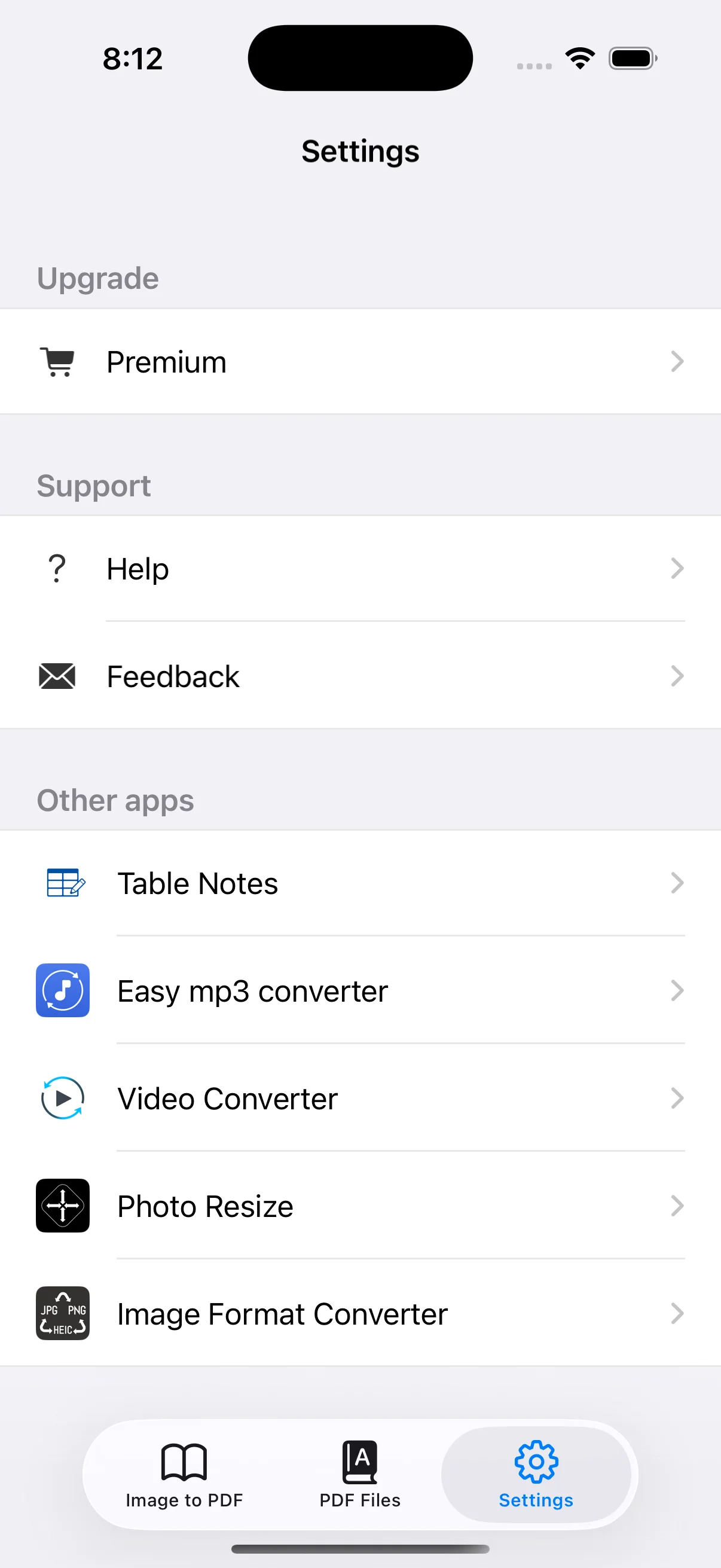 Settings for Premium, help and feedback