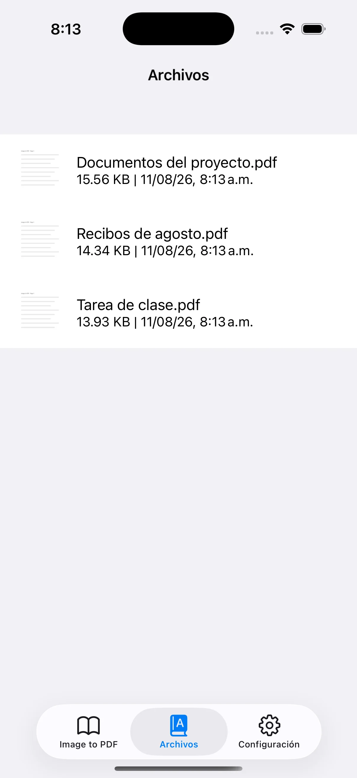 PDF guardados con nombre, tamaño y fecha