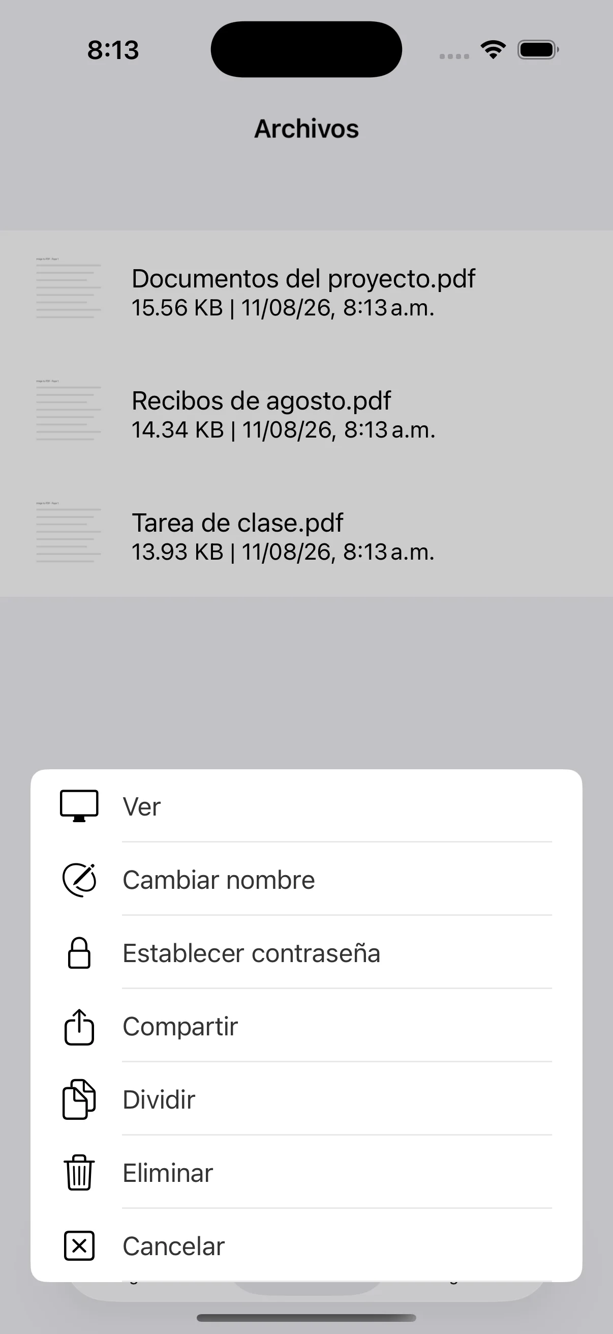 Menú para ver, renombrar, proteger, compartir, dividir o eliminar
