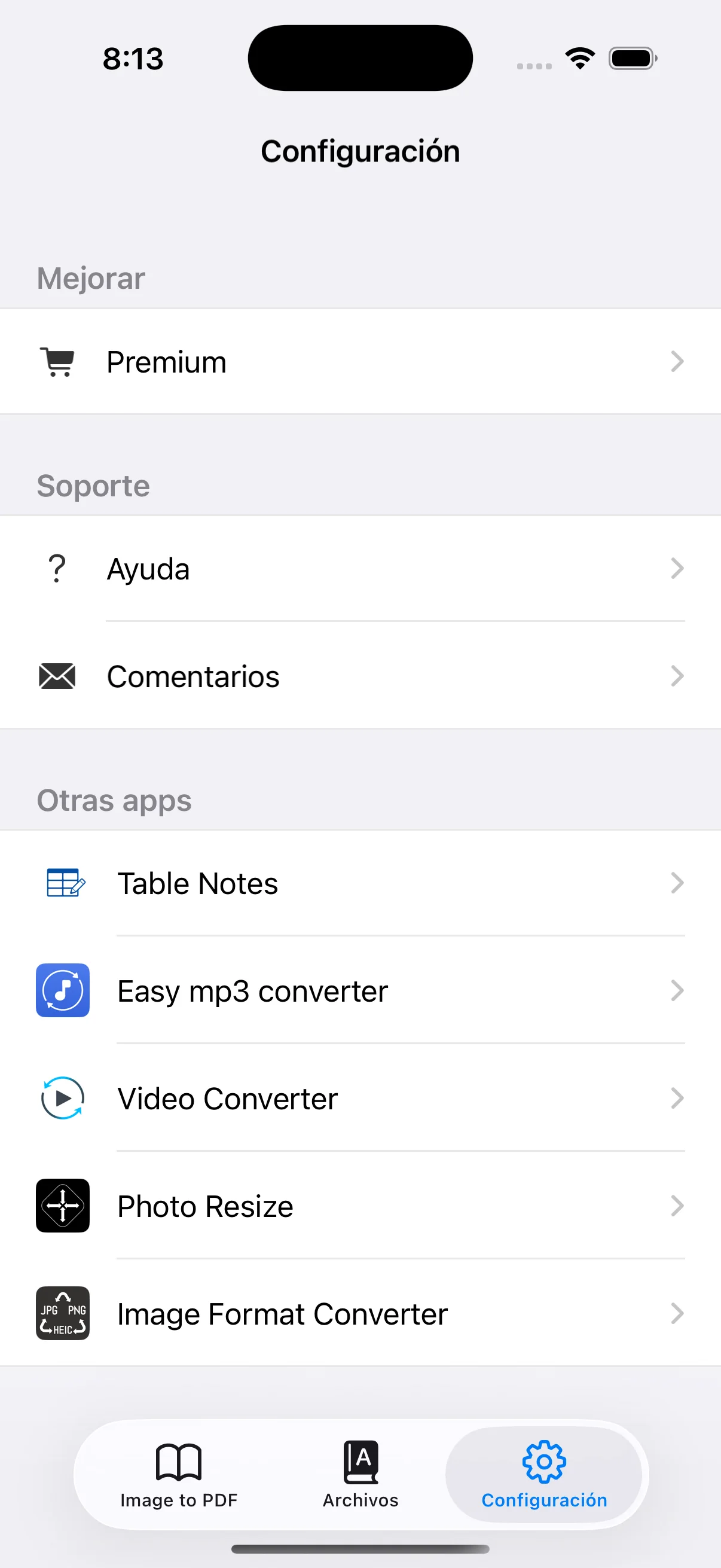 Ajustes de Premium, ayuda y comentarios