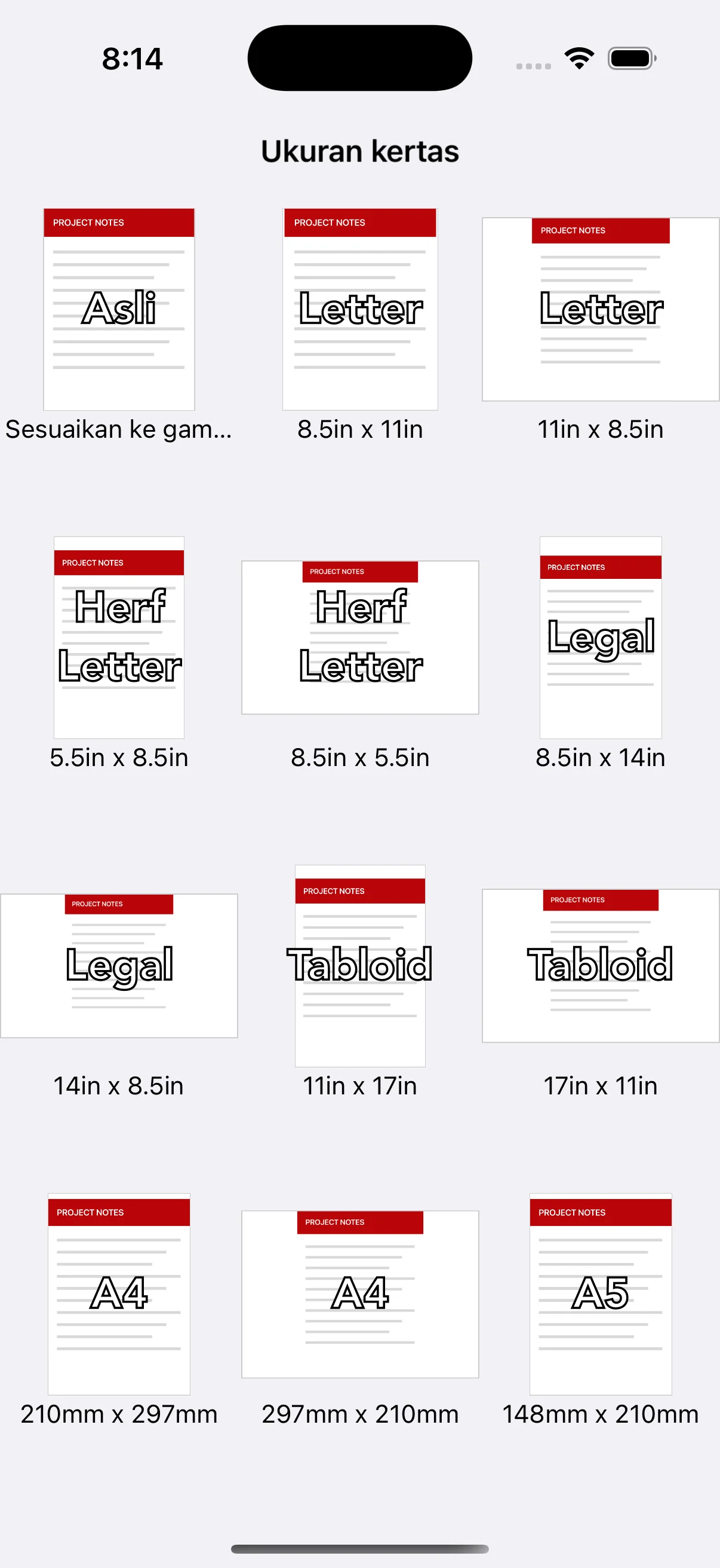 Ukuran kertas seperti Original, Letter, dan A4