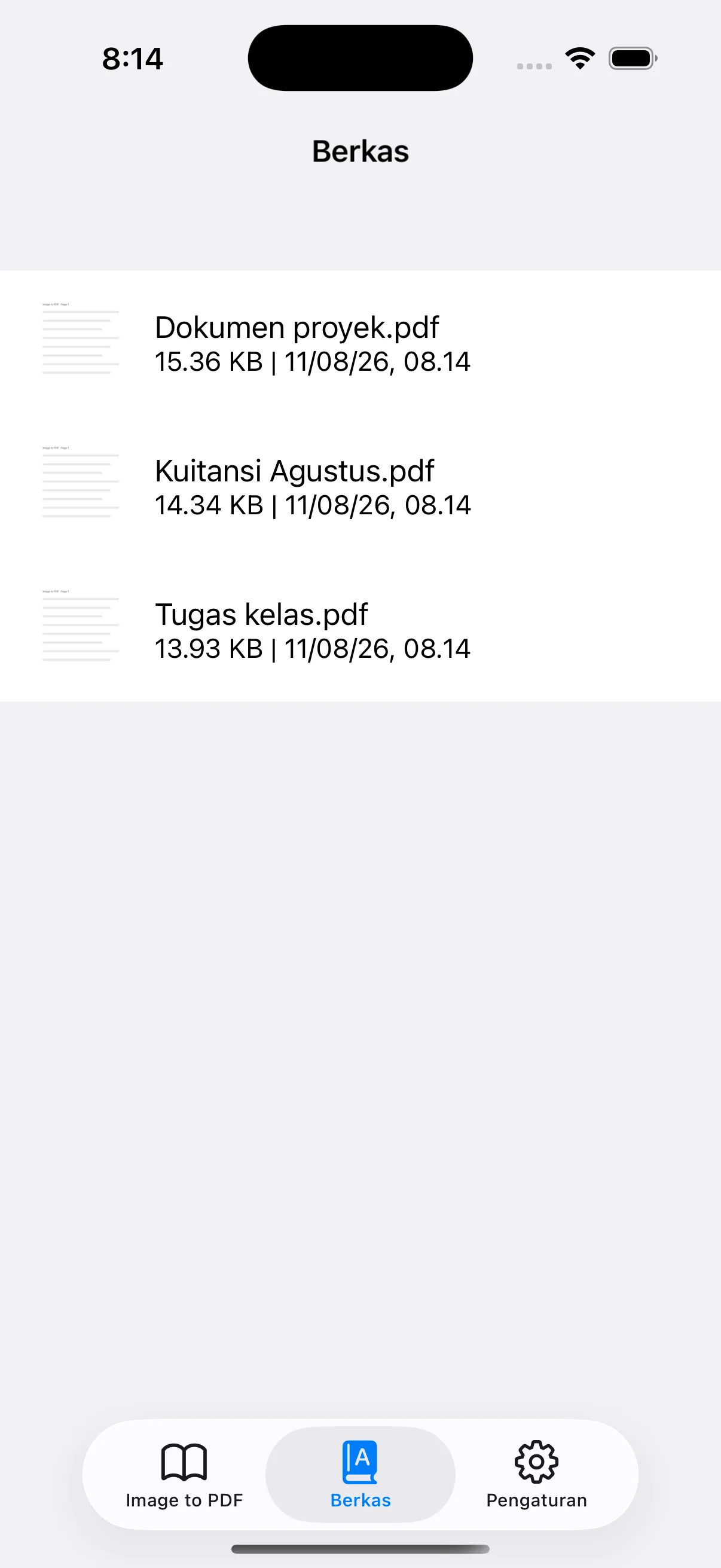 PDF tersimpan dengan nama, ukuran, dan tanggal