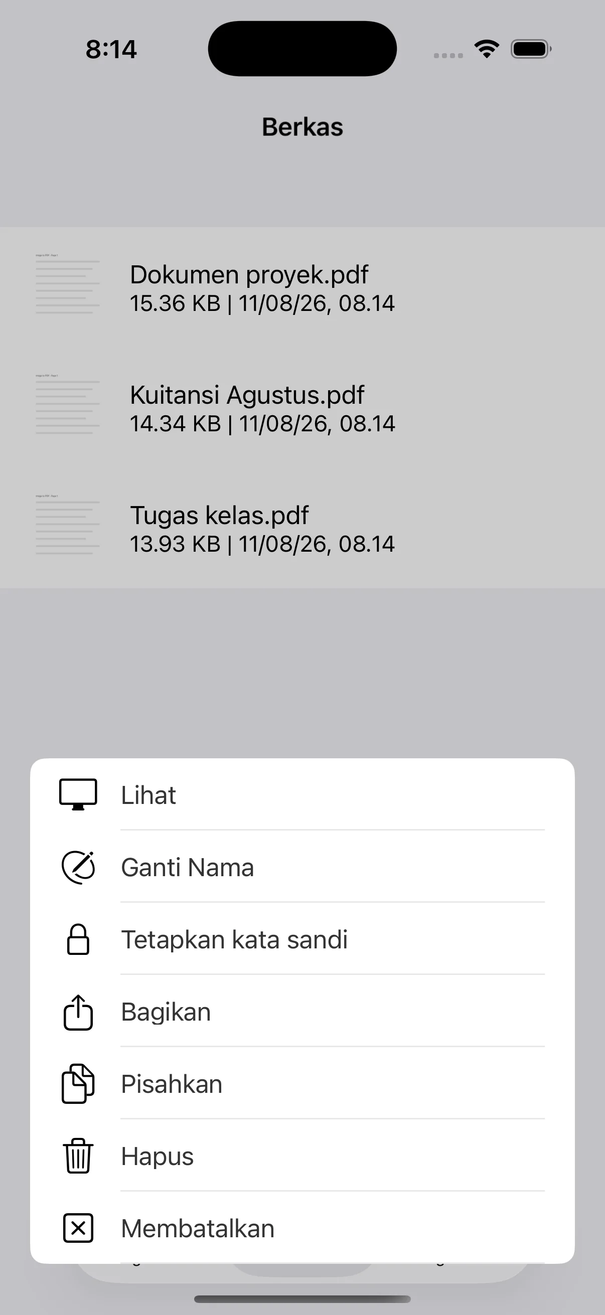 Menu lihat, ganti nama, kata sandi, bagikan, pisah, atau hapus