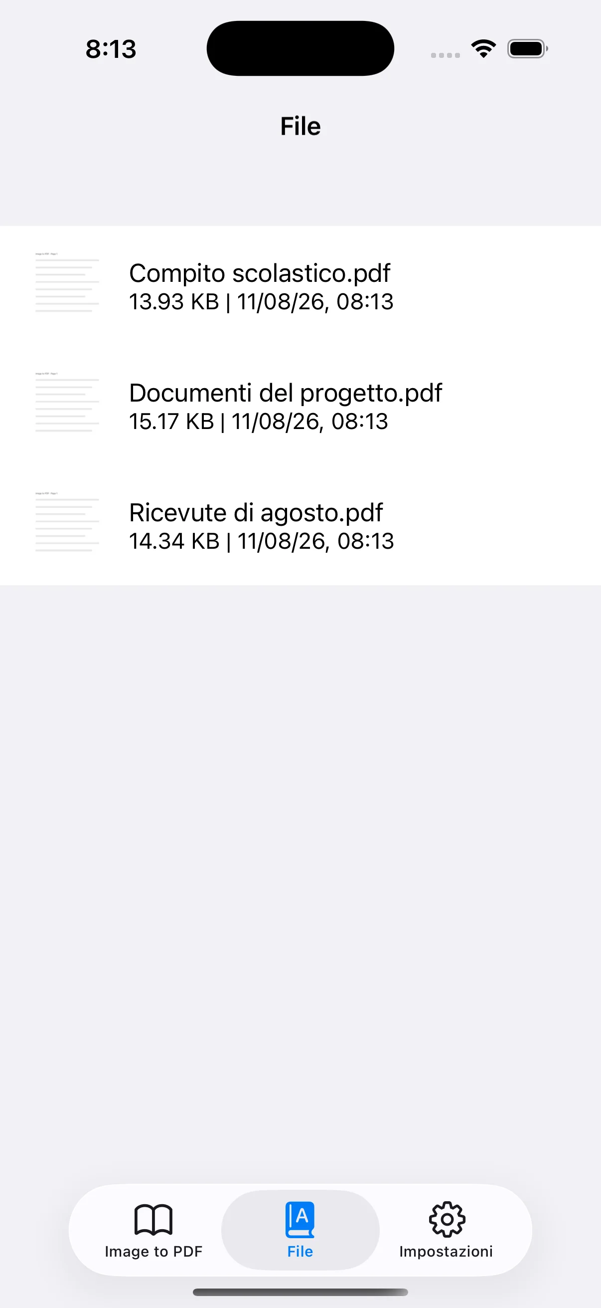 PDF salvati con nome, dimensione e data