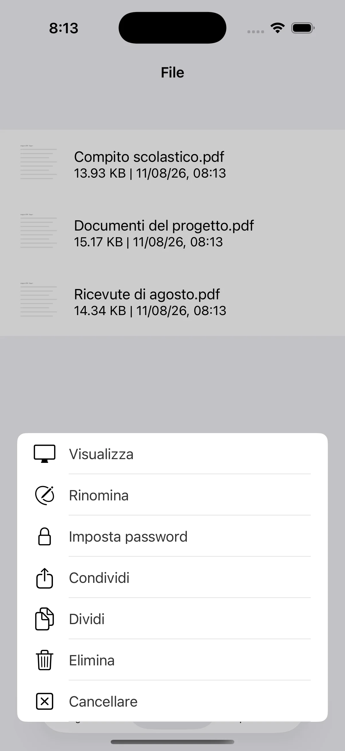 Menu per vedere, rinominare, proteggere, condividere, dividere o eliminare