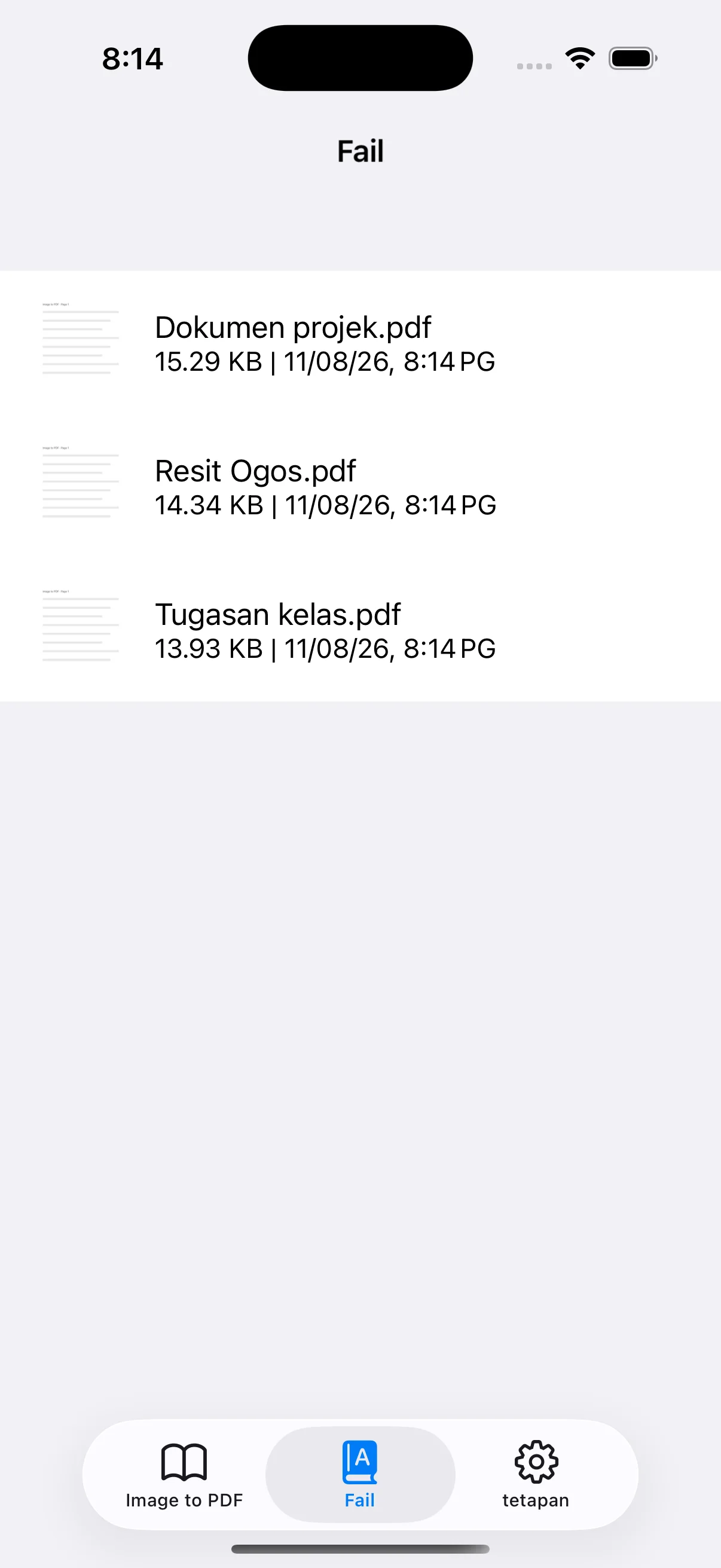 PDF disimpan dengan nama, saiz dan tarikh