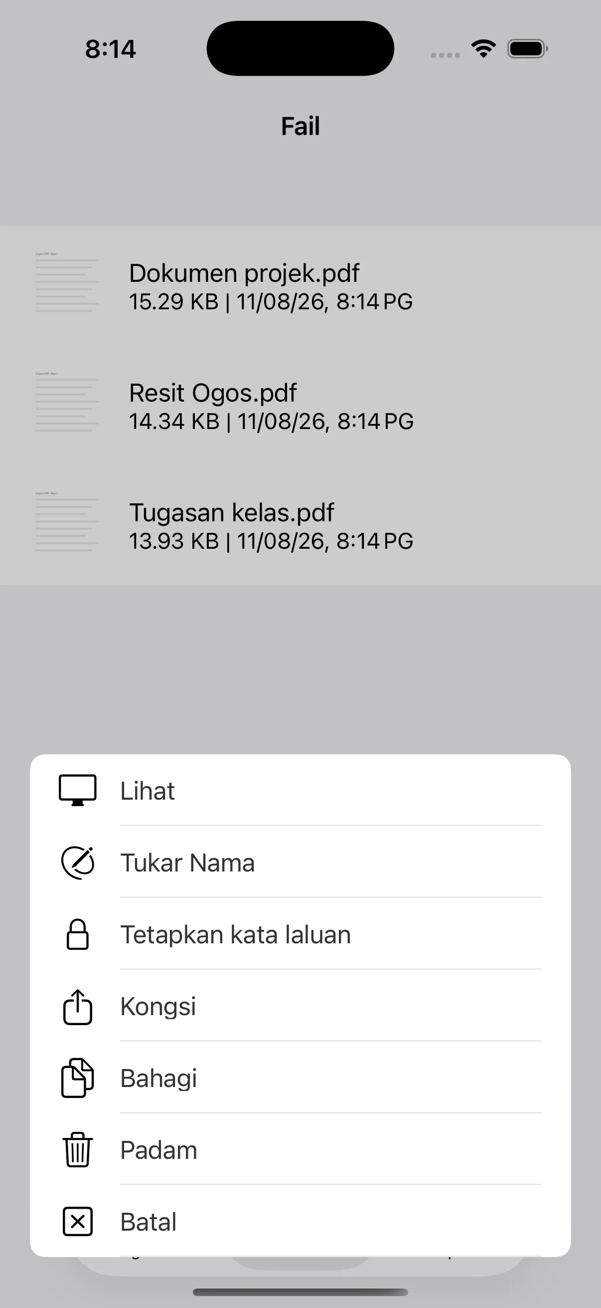 Menu lihat, nama semula, kata laluan, kongsi, bahagi atau padam