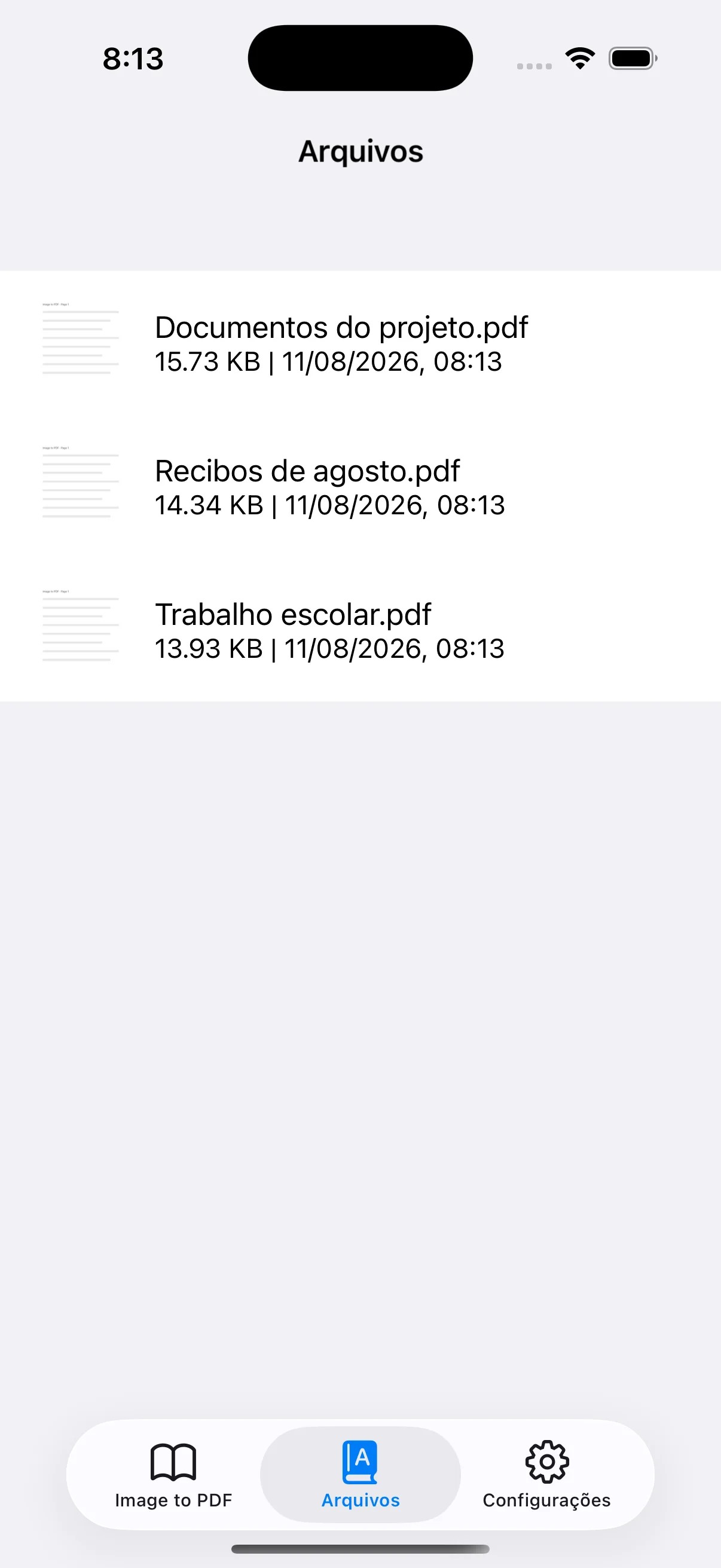 PDFs salvos com nome, tamanho e data