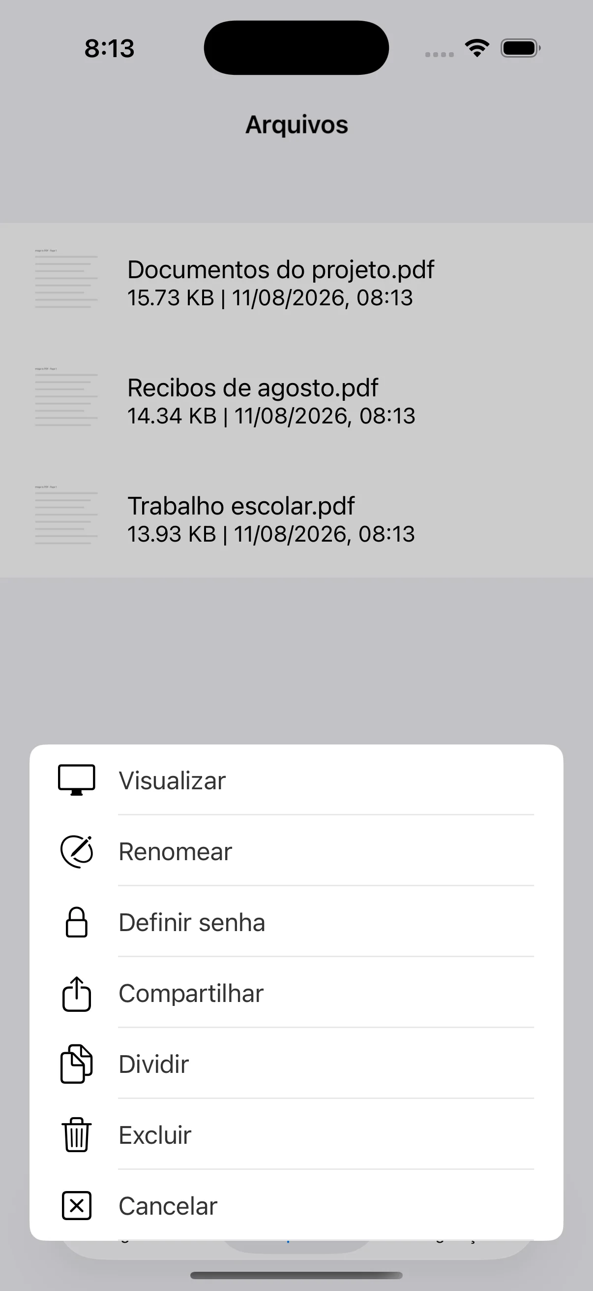 Menu para visualizar, renomear, proteger, compartilhar, dividir ou apagar