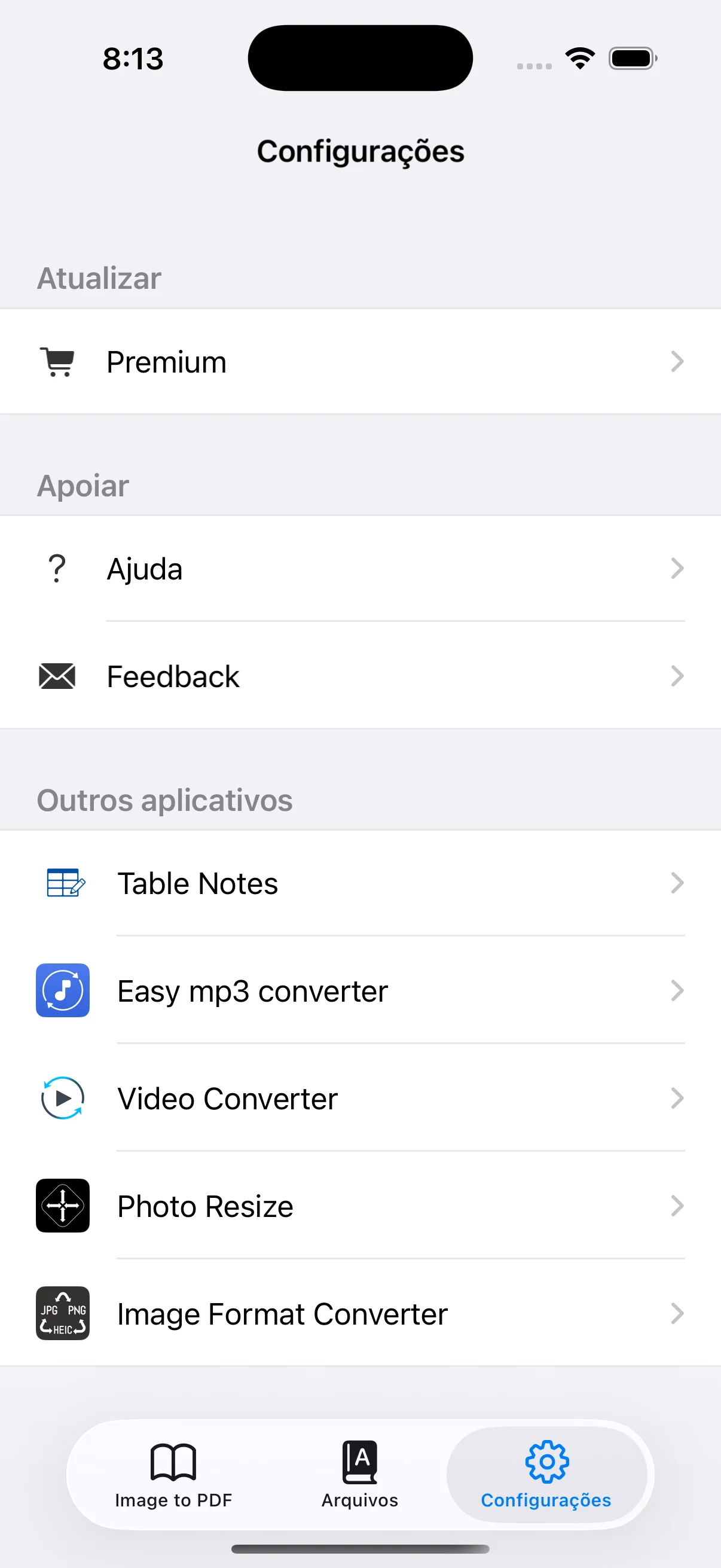 Ajustes de Premium, ajuda e feedback