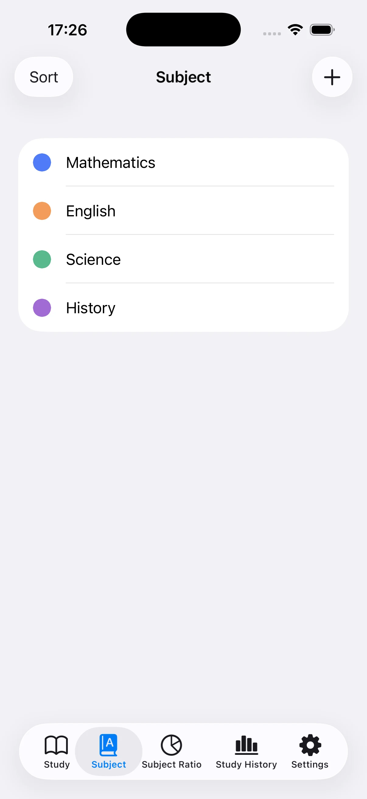 Color-coded Mathematics, English, Science, and History subjects