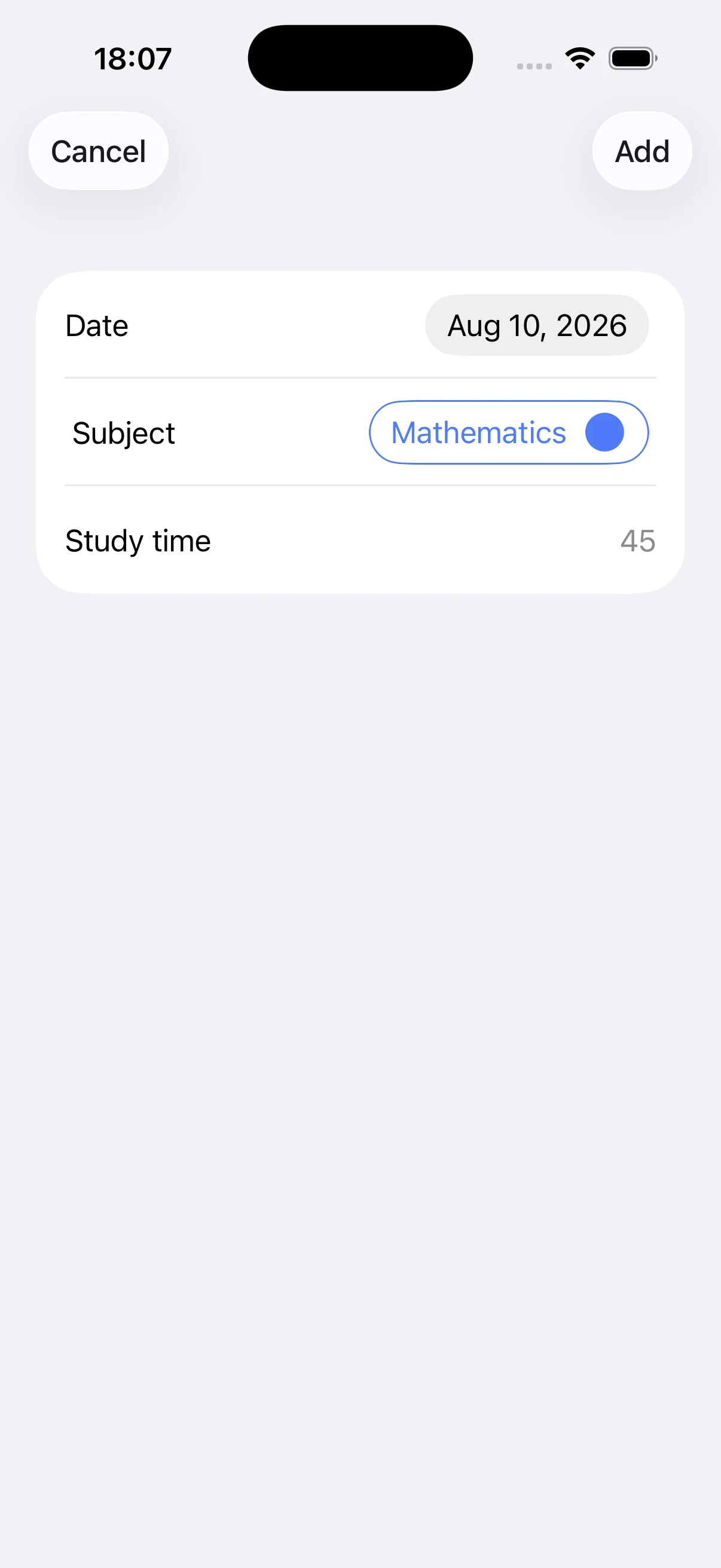 Manual study entry with date, subject, and duration
