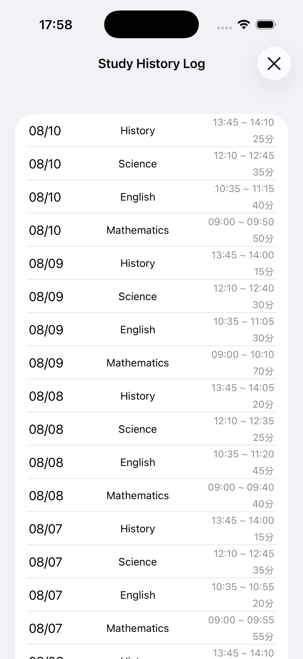 Study log with dates, subjects, start and end times