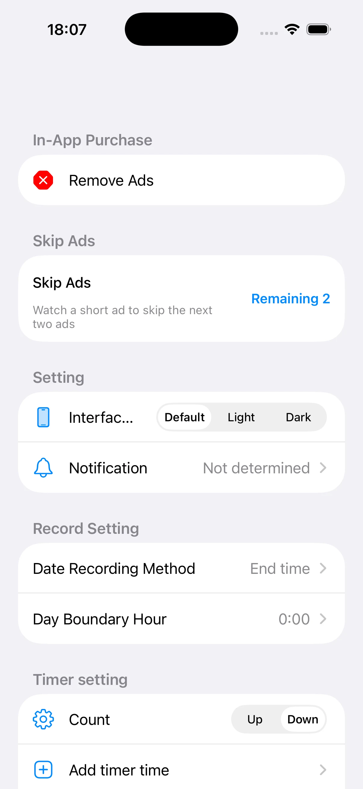 Settings showing rewarded-ad skip balance