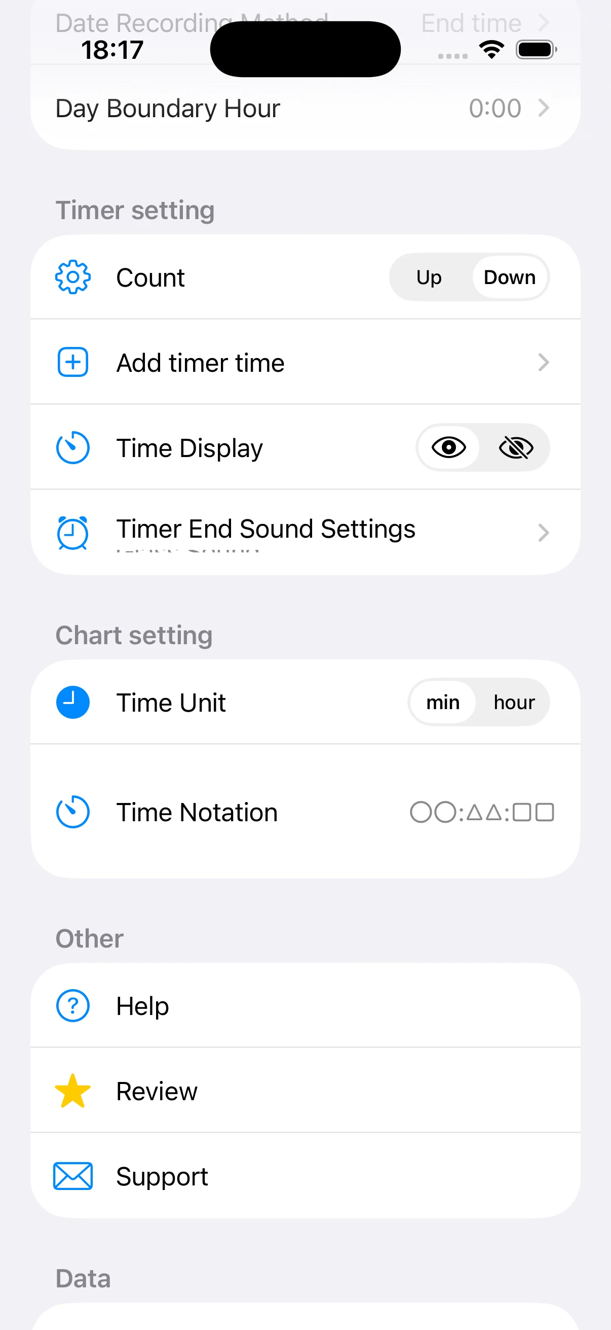 Settings for count direction, end sound, and chart display