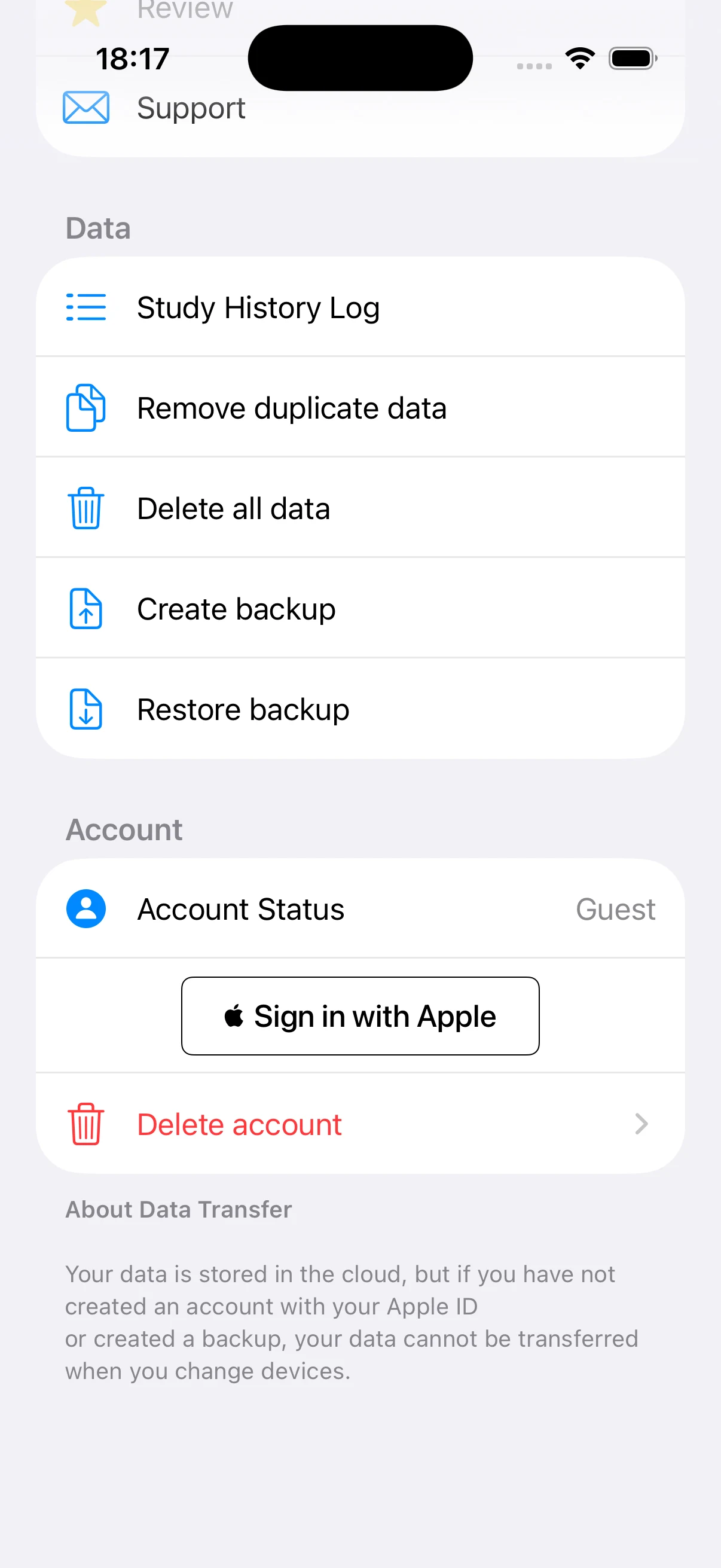 Settings for history, backup, restore, and account management