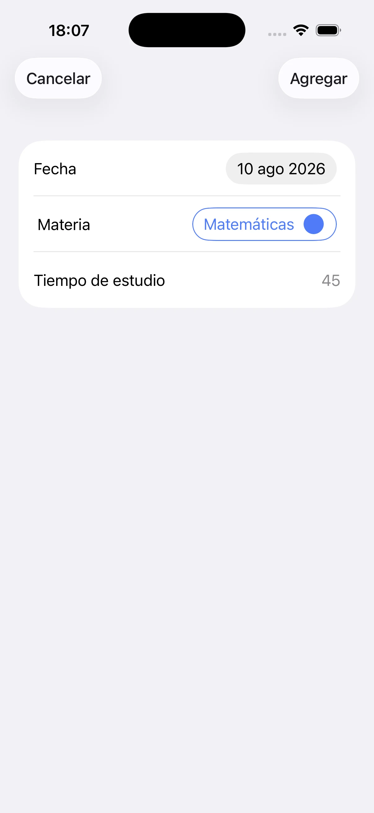 Registro manual con fecha, materia y duración