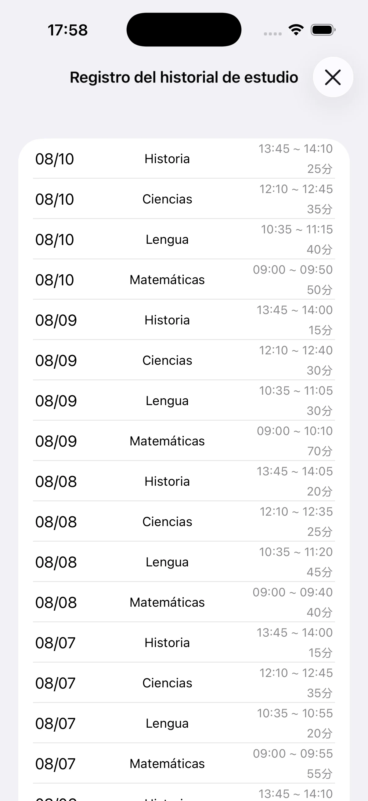 Historial con fechas, materias y horarios de estudio