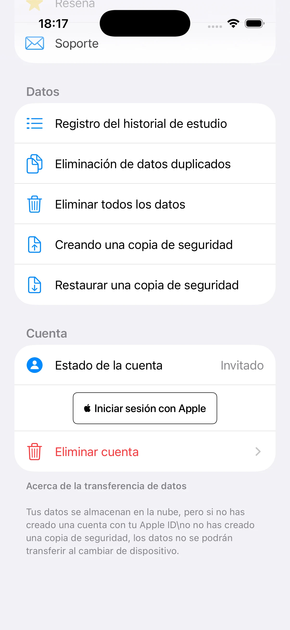 Configuración de historial, respaldo, restauración y cuenta