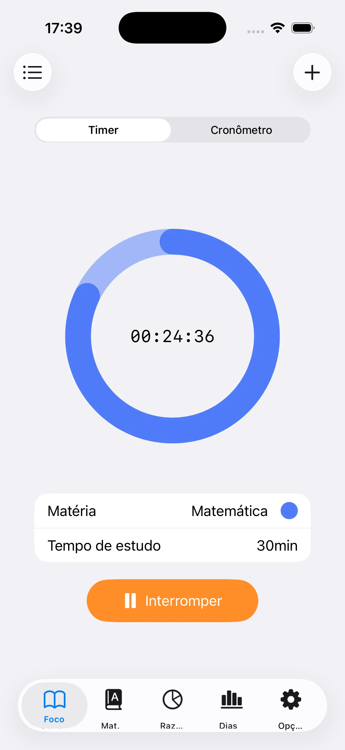 Timer de 30 minutos para Matemática em andamento