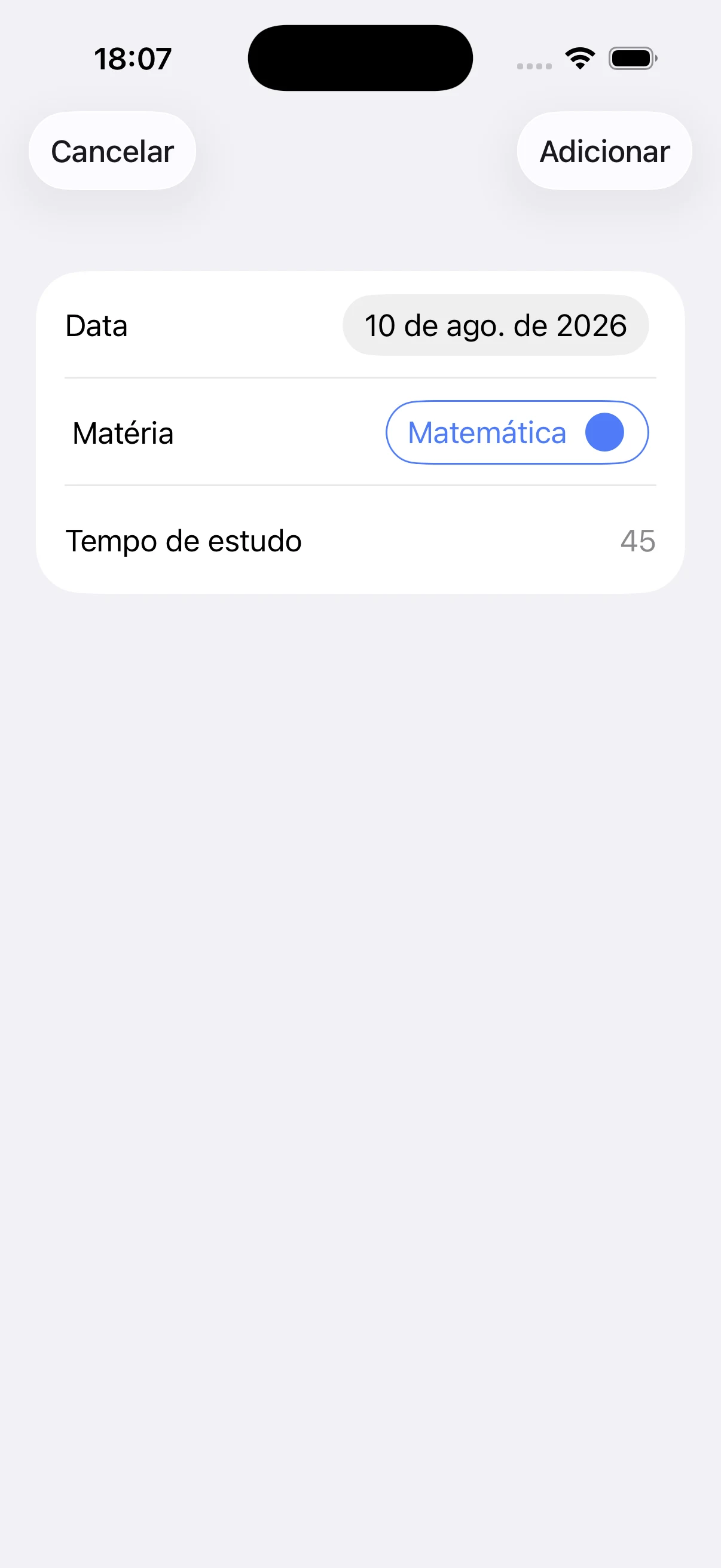 Registro manual com data, matéria e duração