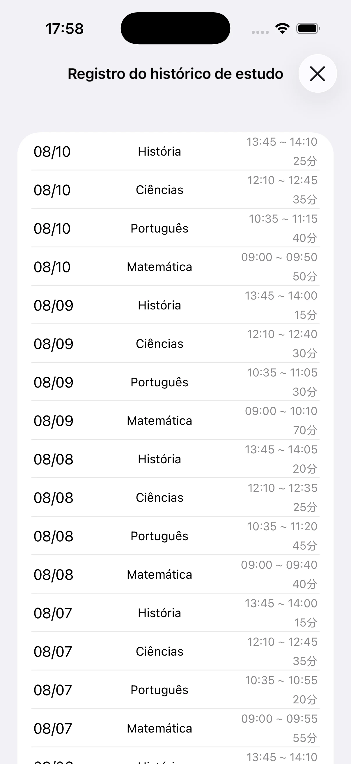 Histórico com datas, matérias e horários de estudo