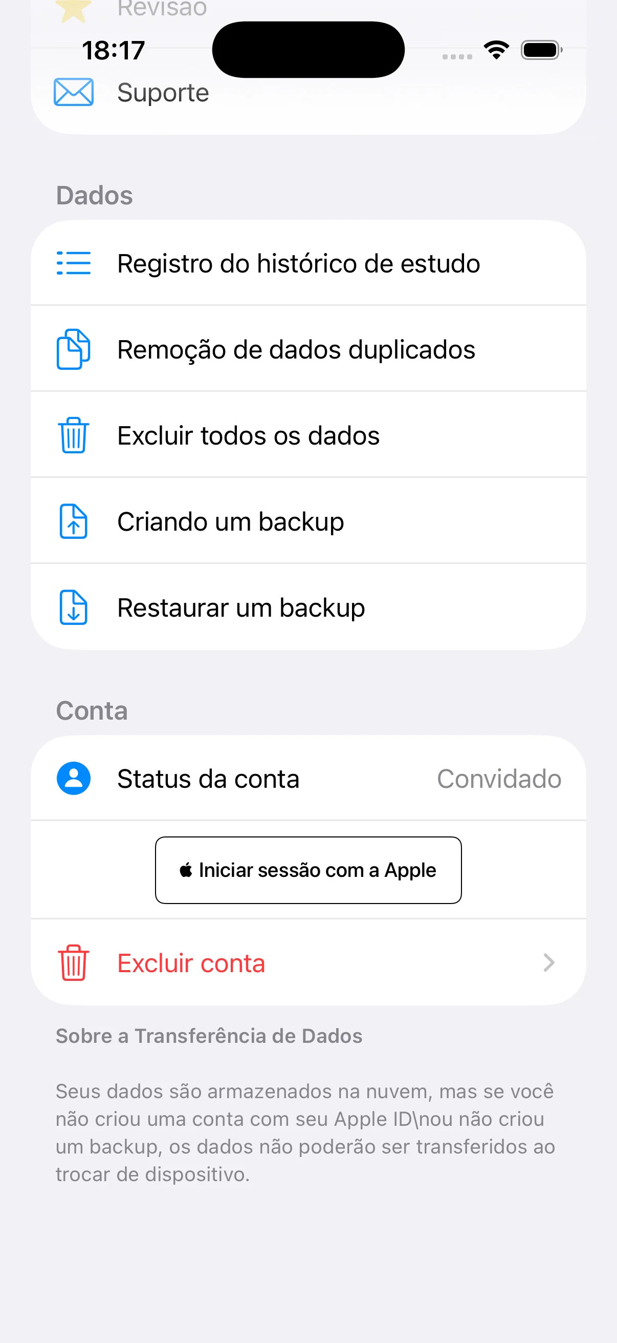 Ajustes de histórico, backup, restauração e conta