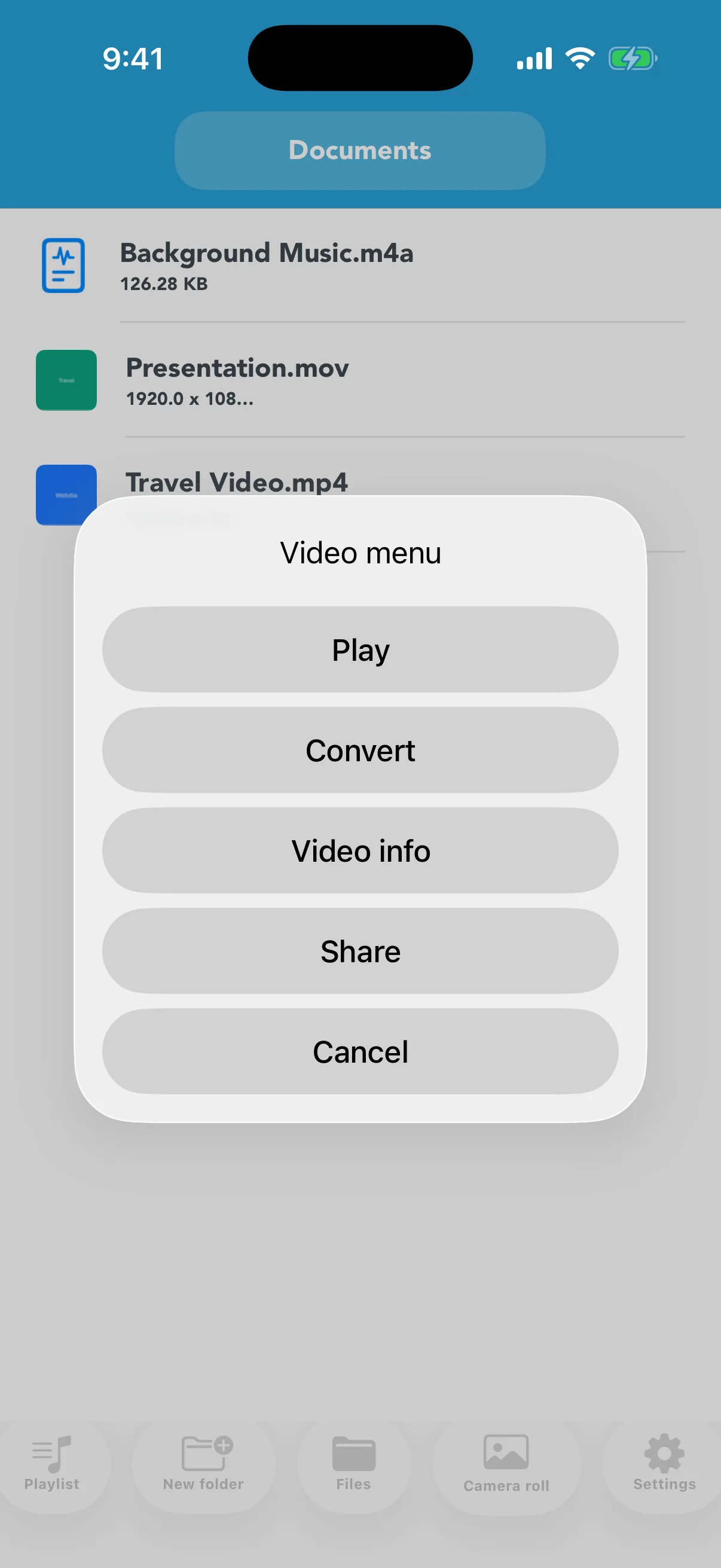 Video menu with Play, Convert, Video info, and Share