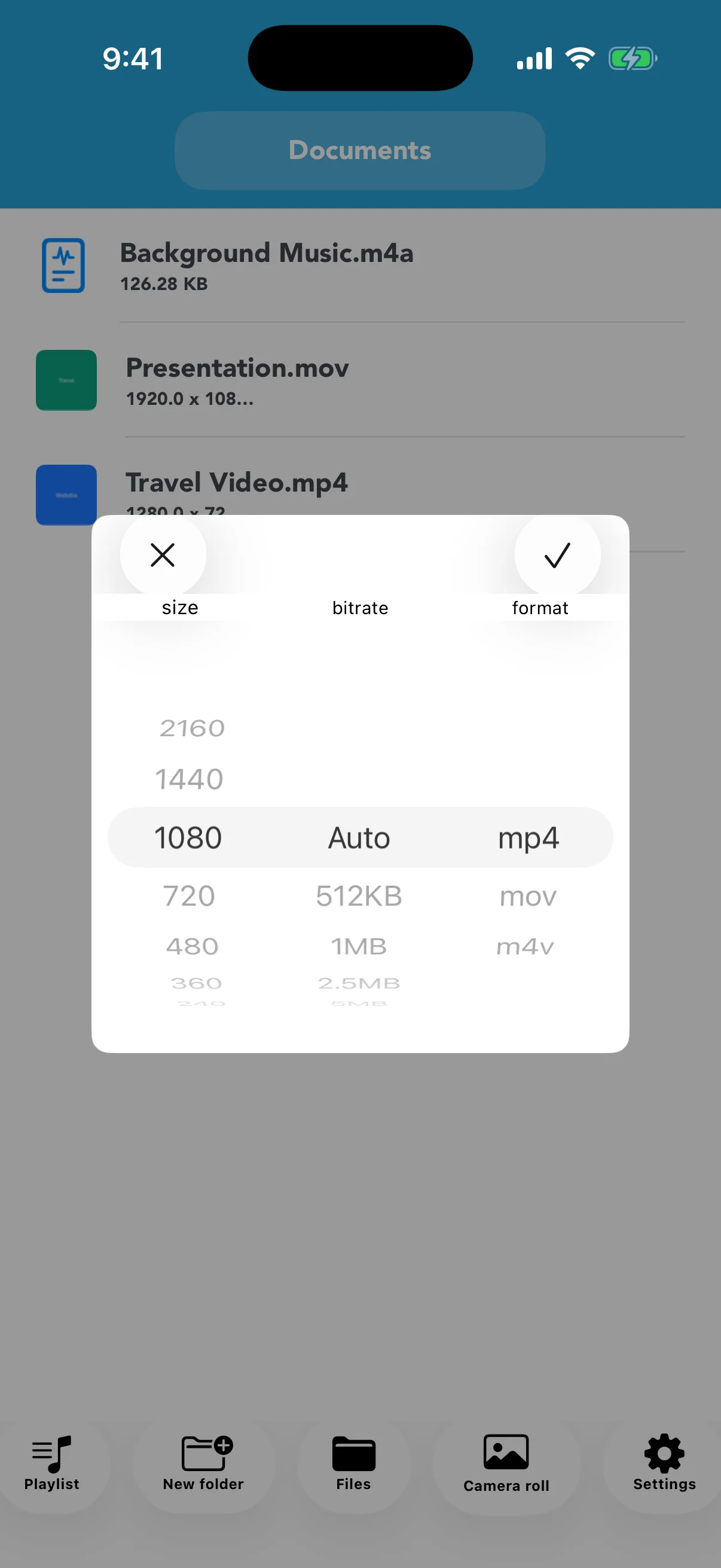 Conversion picker for resolution, quality, and output format
