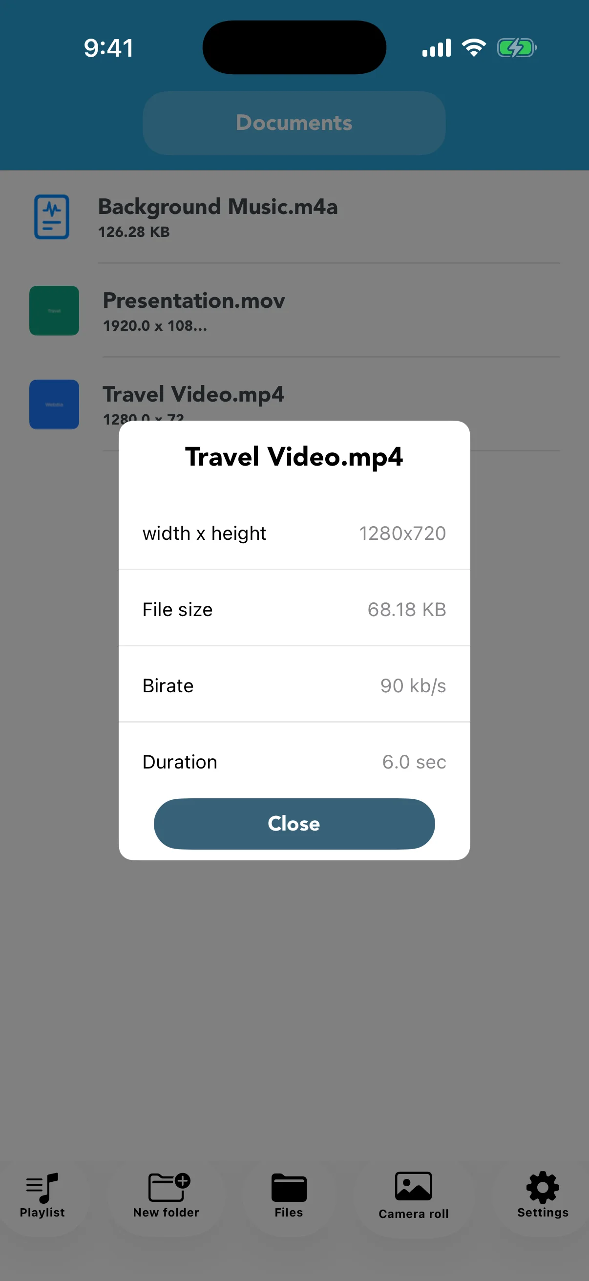 Video resolution, file size, bitrate, and duration details