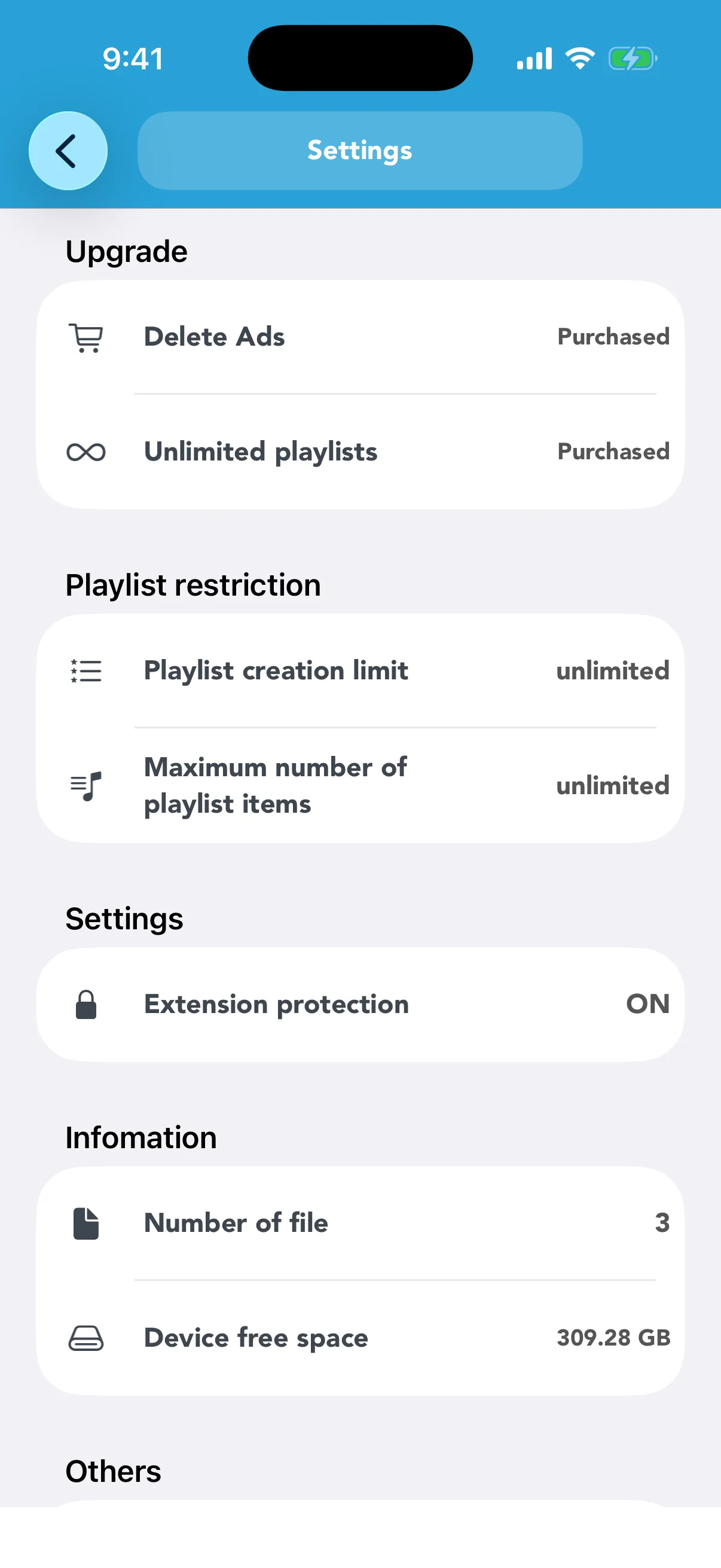 Settings showing Remove Ads and Unlimited Playlists as purchased
