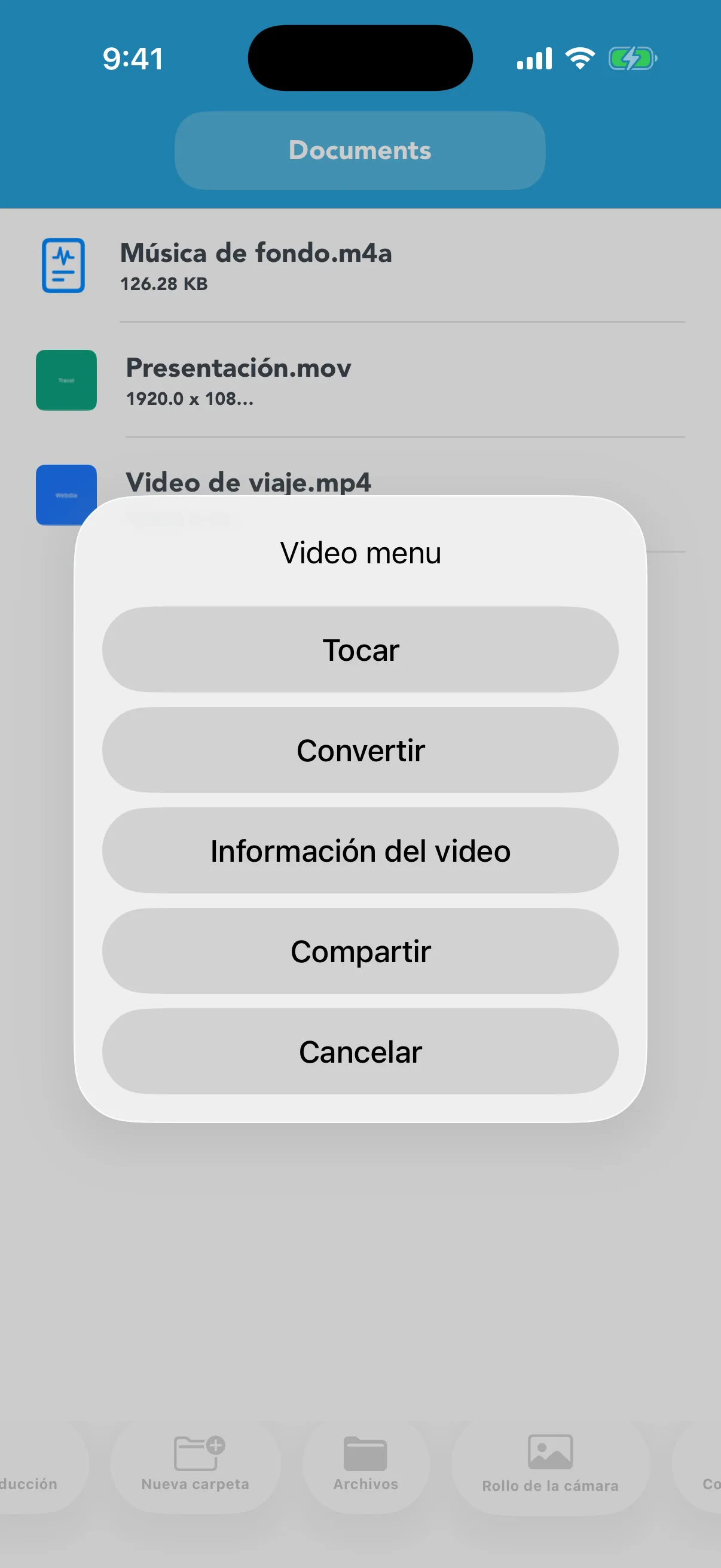 Menú Reproducir, Convertir, Información y Compartir
